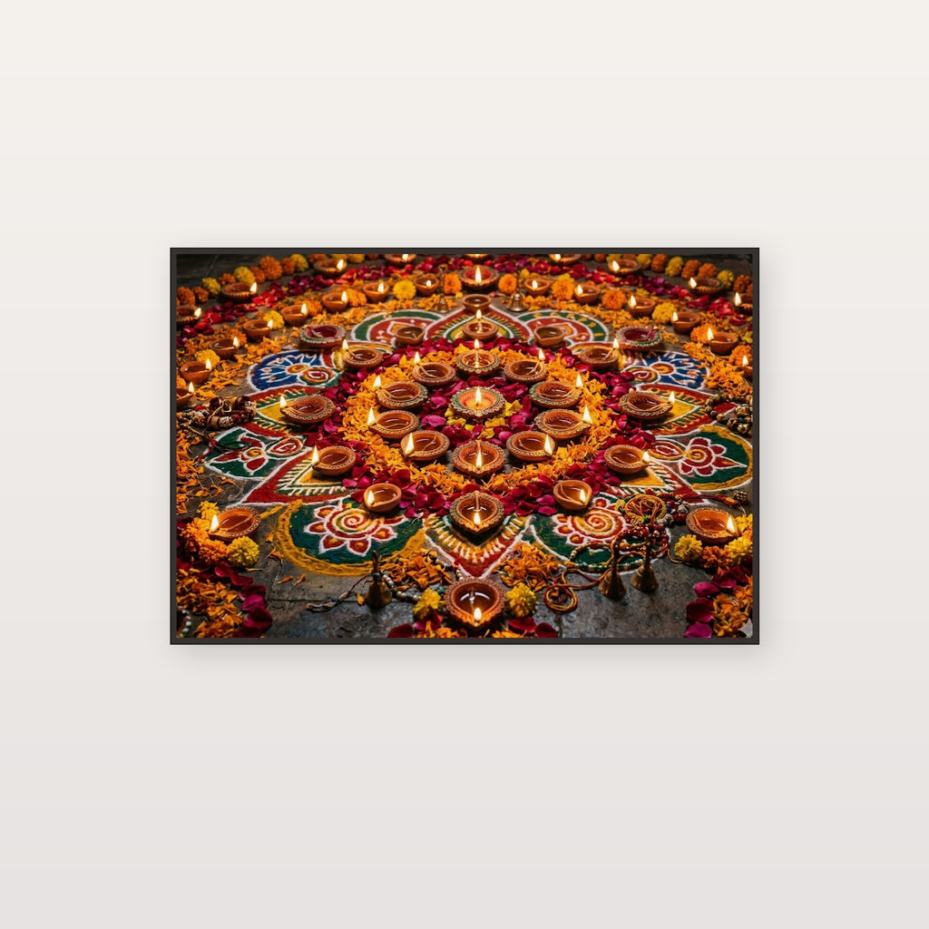 Diwali Lamps Canvas Wall Art - Festival of Lights Print, Sacred Flame, Hindu Decor, Stretched Canvas — diwali oil lamps canvas print