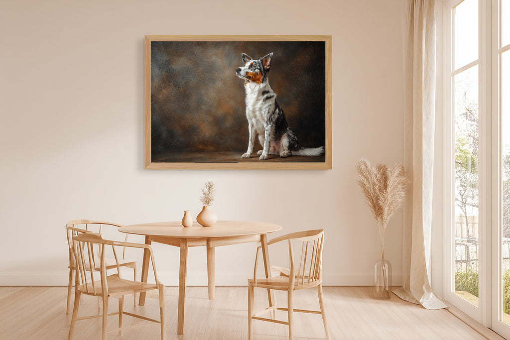 Dog Portrait Australian Shepherd Soulful Painterly Wall Art — Cozy Print for the Living Room — dog-portrait-australian-shepherd-dining-room-wall-art.jpg
