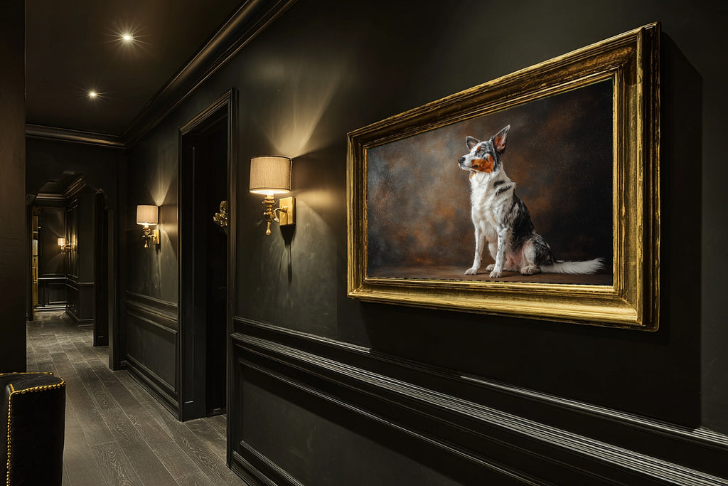 Dog Portrait Australian Shepherd Soulful Painterly Wall Art — Cozy Print for the Living Room — dog-portrait-australian-shepherd-hallway-wall-art.jpg