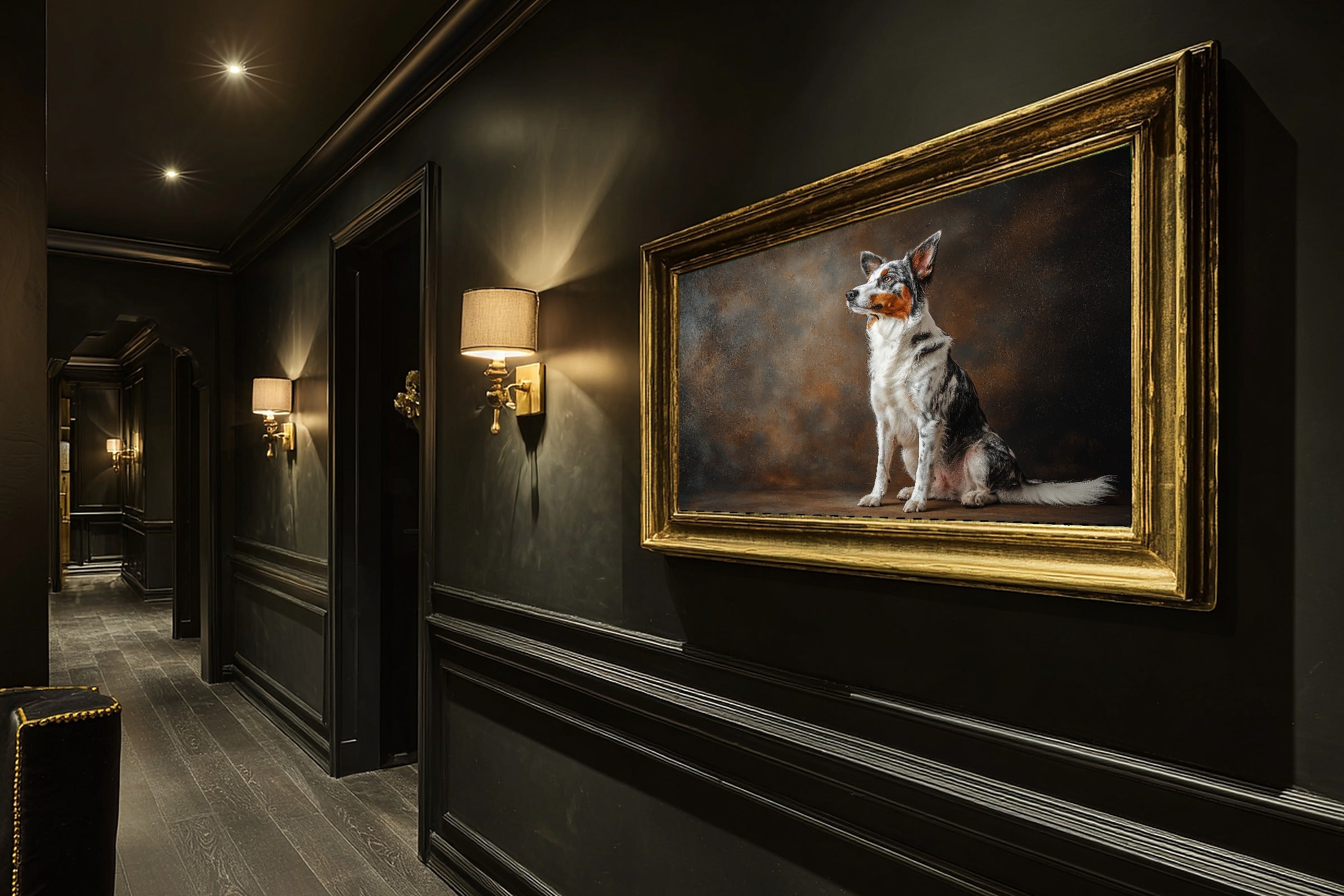 Dog Portrait Australian Shepherd Soulful Painterly Wall Art — Cozy Print for the Living Room — dog-portrait-australian-shepherd-hallway-wall-art.jpg