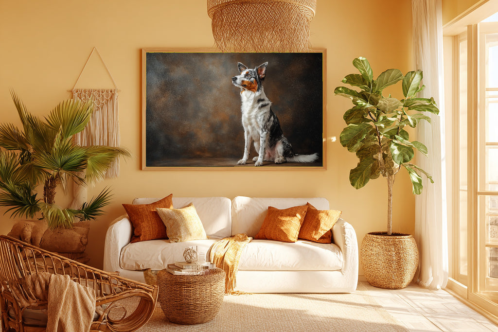 Dog Portrait Australian Shepherd Soulful Painterly Wall Art — Cozy Print for the Living Room — dog-portrait-australian-shepherd-room-5-wall-art.jpg