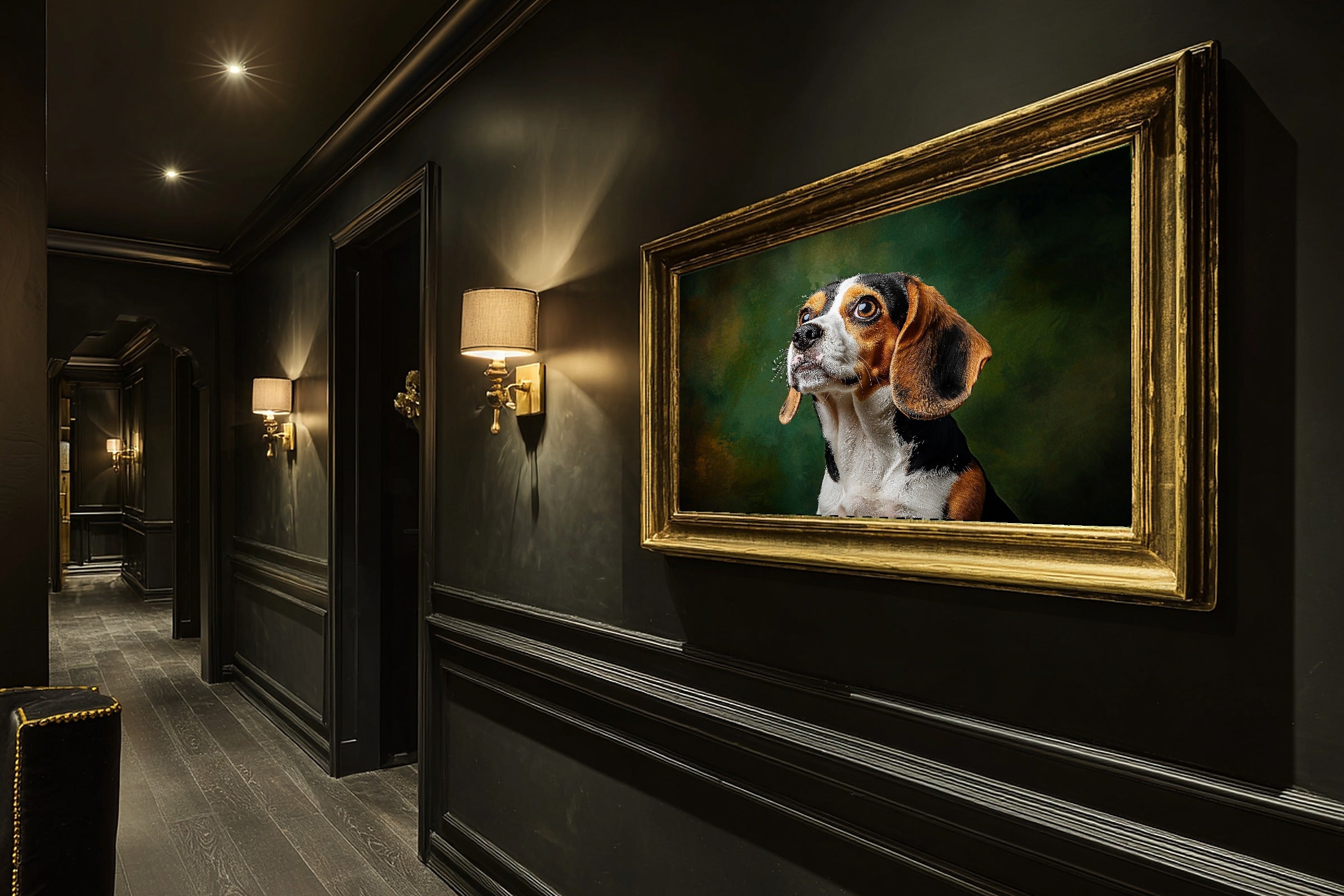 Timeless Dog Portrait Beagle — Soulful Painterly Wall Art, Warm Living Room Decor, Stretched Canvas, Ready to Hang — dog-portrait-beagle-hallway-wall-art.jpg