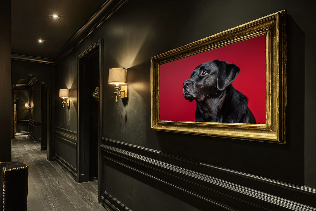 Black Lab Canvas Wall Art | Painterly Pet Portrait Print, Dog Lover Decor, Stretched Canvas — dog-portrait-black-lab-hallway-wall-art.jpg