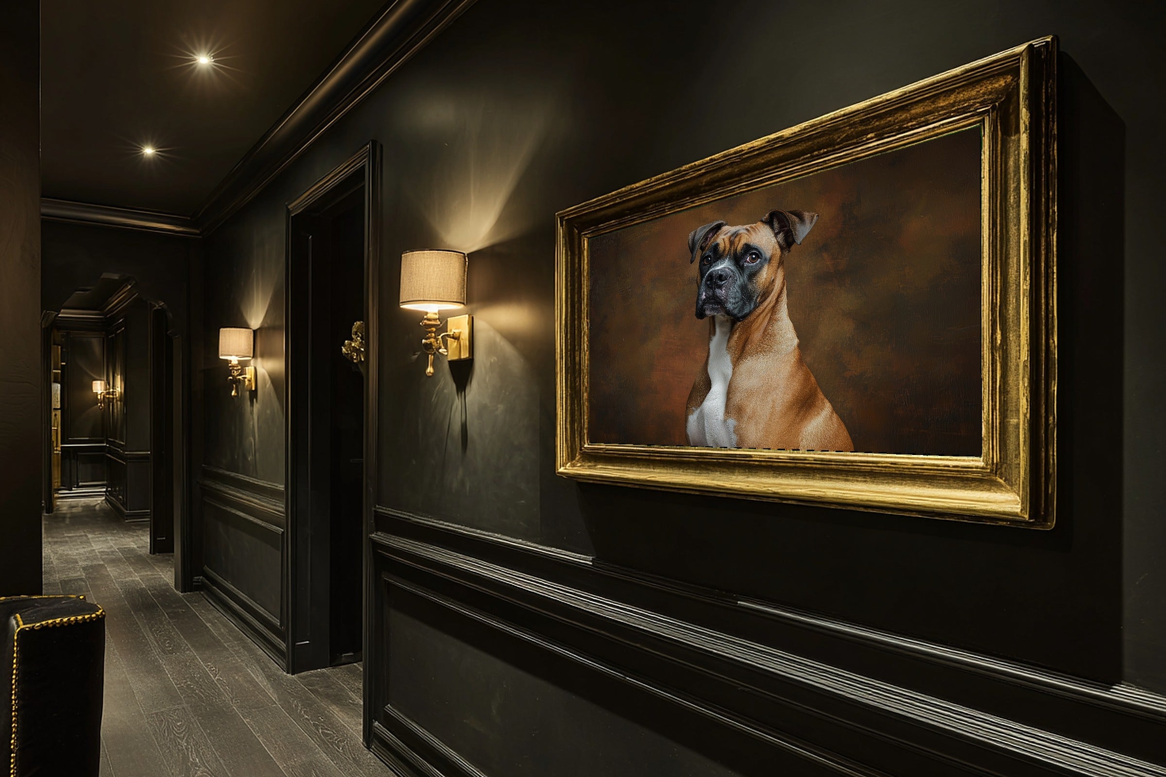 Hand-picked Dog Portrait Boxer Giclée Print — Moody Soulful Painterly for the Living Room, Ready-to-Hang Pet Lover in Your Life Gift — dog-portrait-boxer-hallway-wall-art.jpg