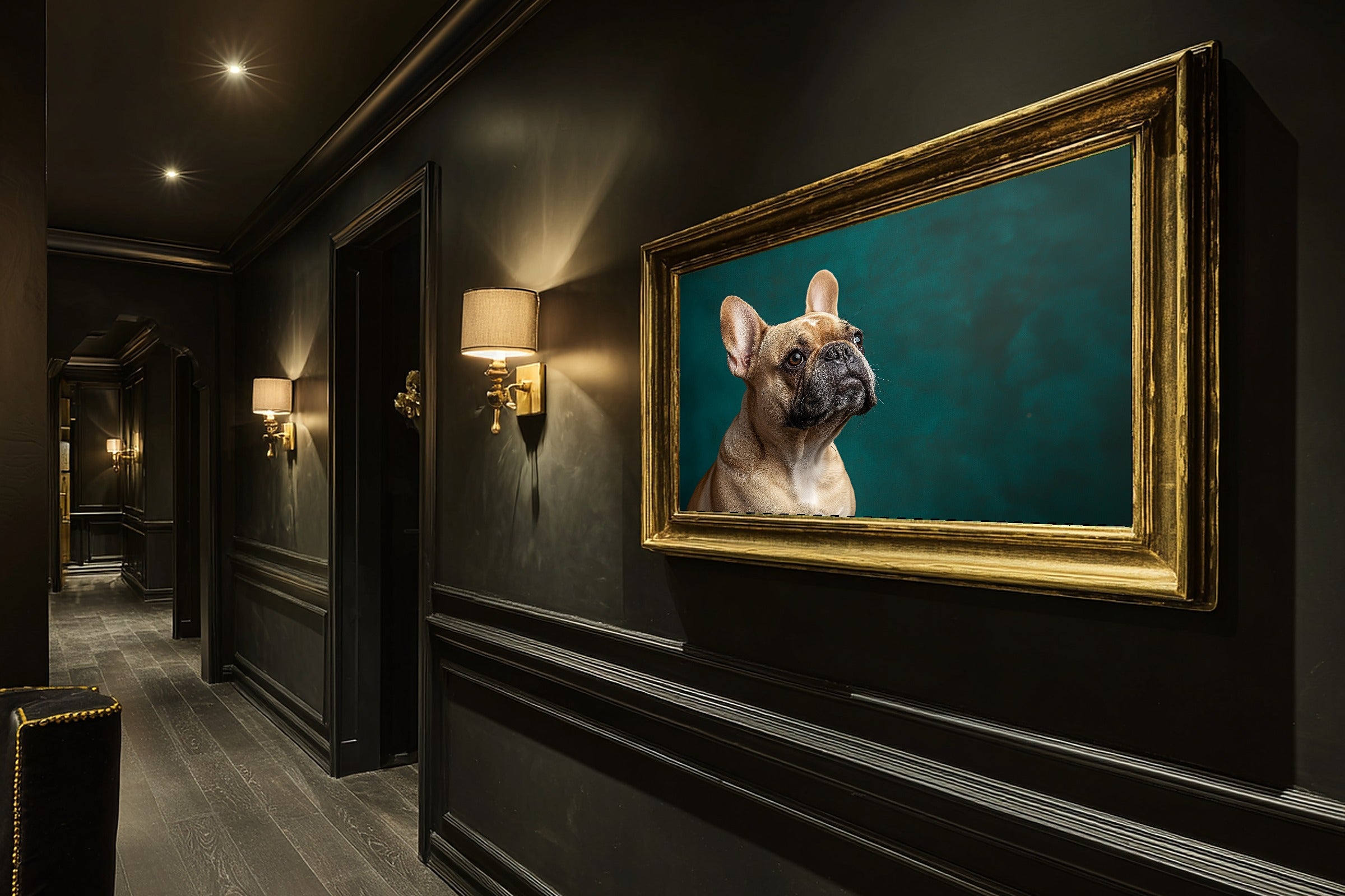 French Bulldog Canvas Wall Art | Painterly Pet Portrait Print, Dog Lover Decor, Stretched Canvas — dog-portrait-french-bulldog-hallway-wall-art.jpg