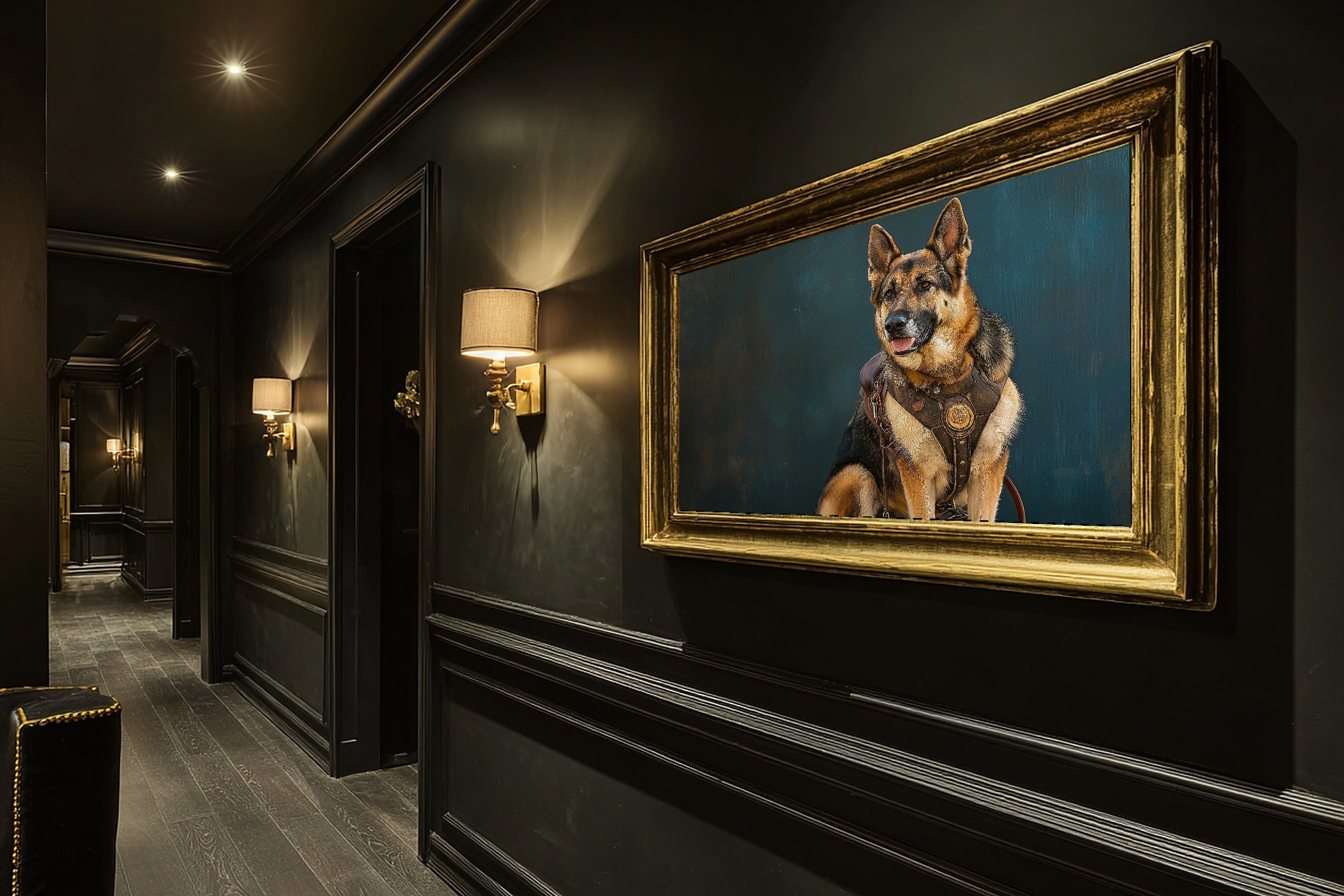 Soulful Painterly Dog Portrait German Shepherd Art Print — Timeless Decor for the Living Room — dog-portrait-german-shepherd-hallway-wall-art.jpg