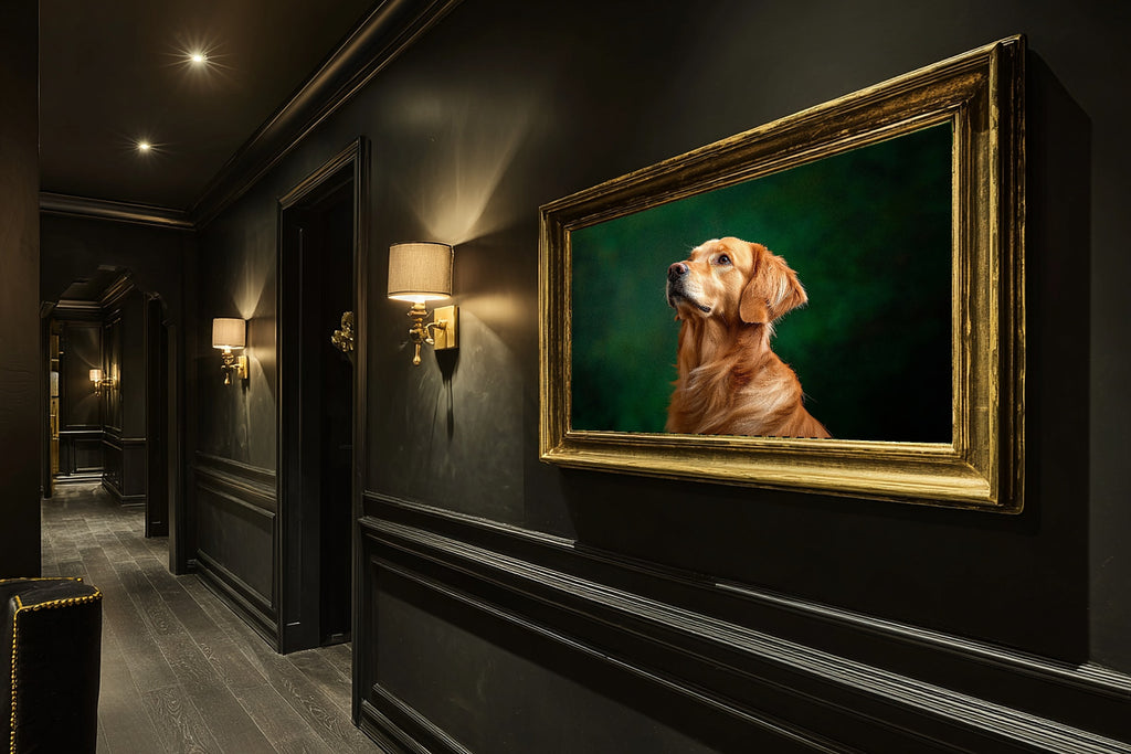 Golden Retriever Canvas Wall Art | Painterly Pet Portrait Print, Dog Lover Decor, Stretched Canvas — dog-portrait-golden-retriever-hallway-wall-art.jpg