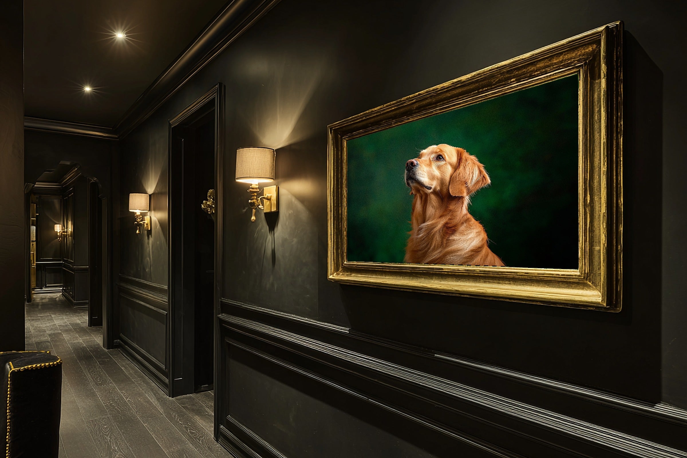Golden Retriever Canvas Wall Art | Painterly Pet Portrait Print, Dog Lover Decor, Stretched Canvas — dog-portrait-golden-retriever-hallway-wall-art.jpg