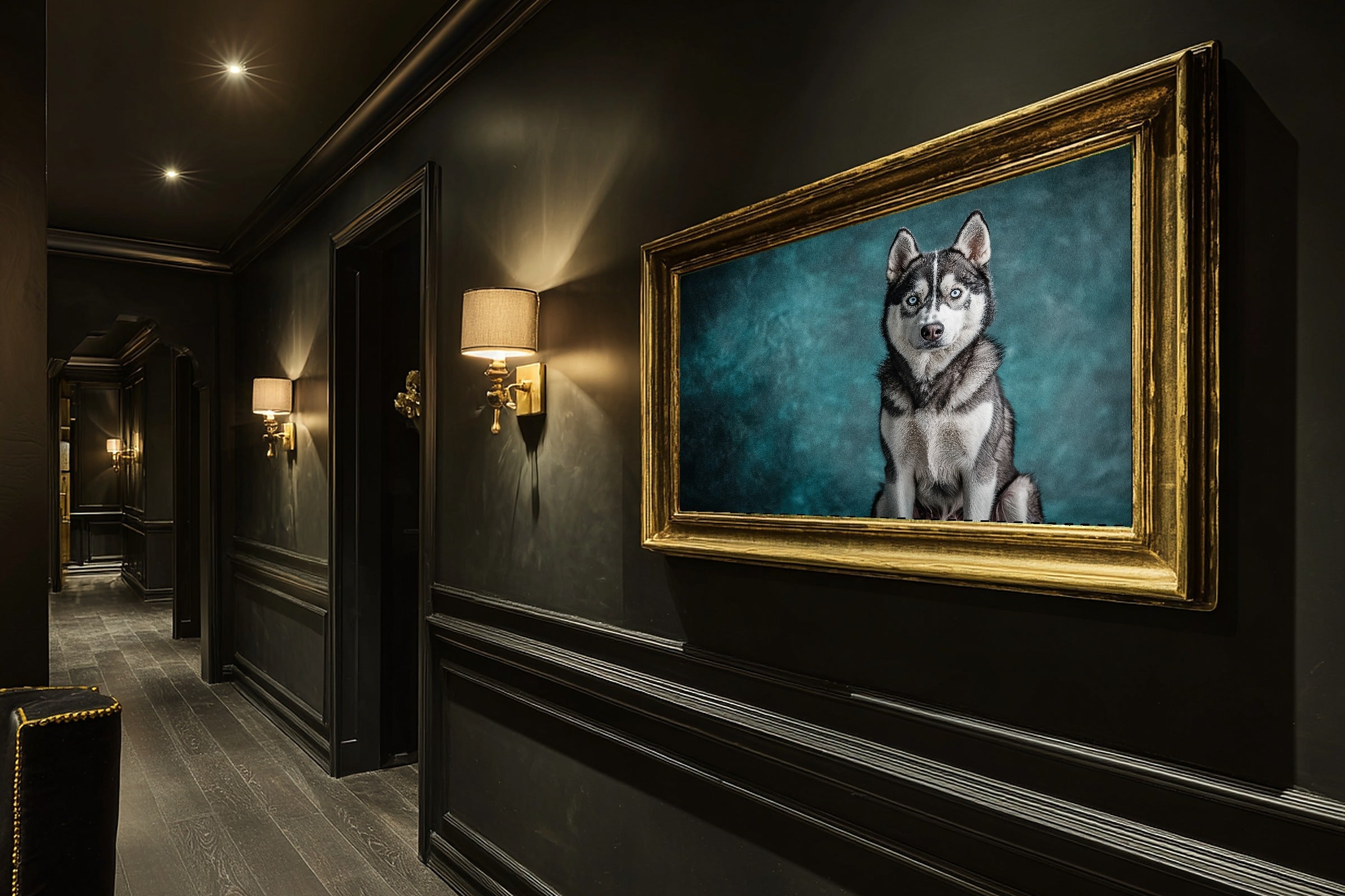 Dog Portrait Husky Print on Stretched Canvas — Cozy Tender Oil-Painting for the Living Room, Gift for the Pet Lover in Your Life — dog-portrait-husky-hallway-wall-art.jpg