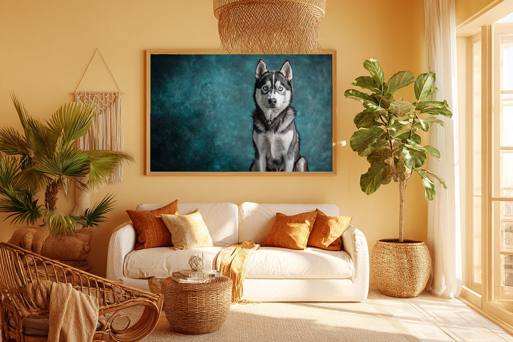 Dog Portrait Husky Print on Stretched Canvas — Cozy Tender Oil-Painting for the Living Room, Gift for the Pet Lover in Your Life — dog-portrait-husky-room-5-wall-art.jpg