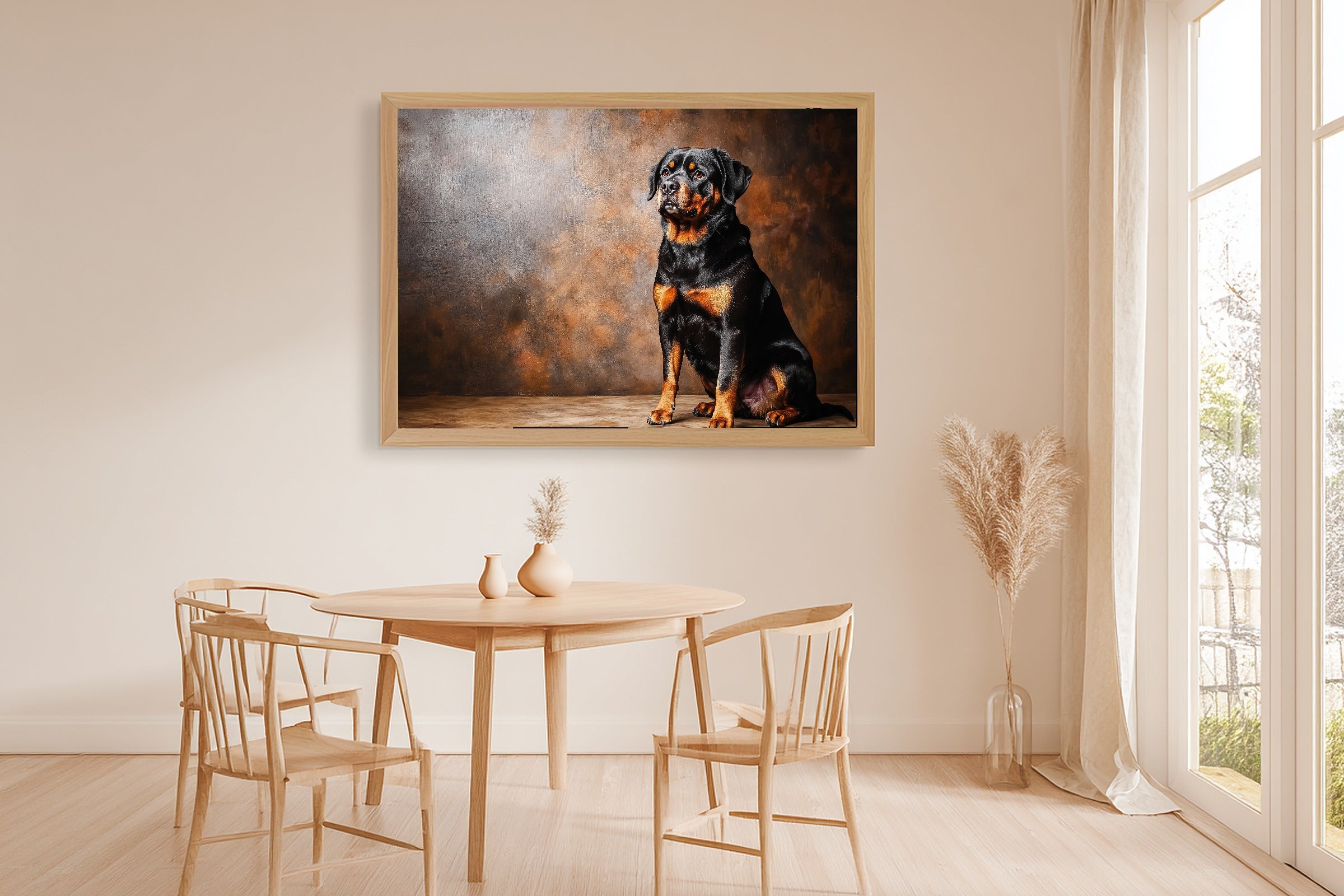 Timeless Dog Portrait Rottweiler — Soulful Painterly Wall Art, Warm Living Room Decor, Stretched Canvas, Ready to Hang — dog-portrait-rottweiler-dining-room-wall-art.jpg