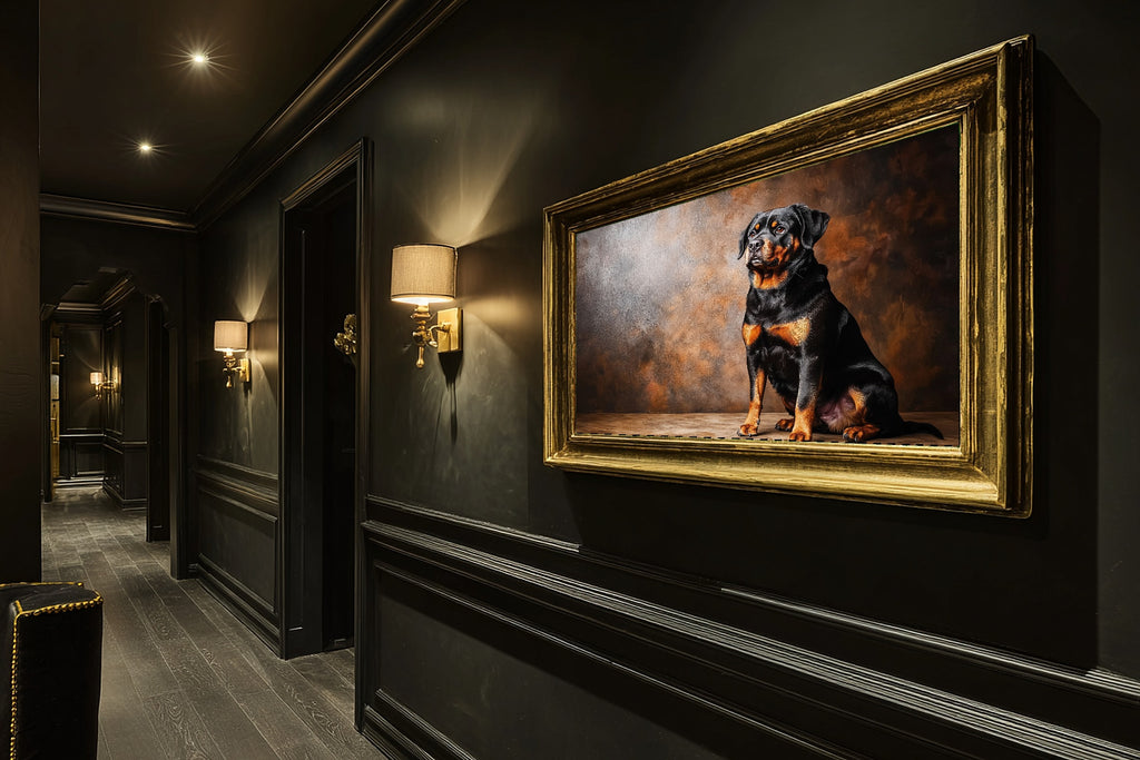 Timeless Dog Portrait Rottweiler — Soulful Painterly Wall Art, Warm Living Room Decor, Stretched Canvas, Ready to Hang — dog-portrait-rottweiler-hallway-wall-art.jpg