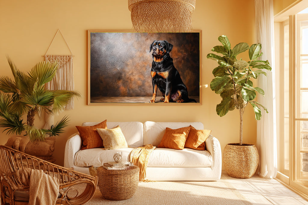 Timeless Dog Portrait Rottweiler — Soulful Painterly Wall Art, Warm Living Room Decor, Stretched Canvas, Ready to Hang — dog-portrait-rottweiler-room-5-wall-art.jpg