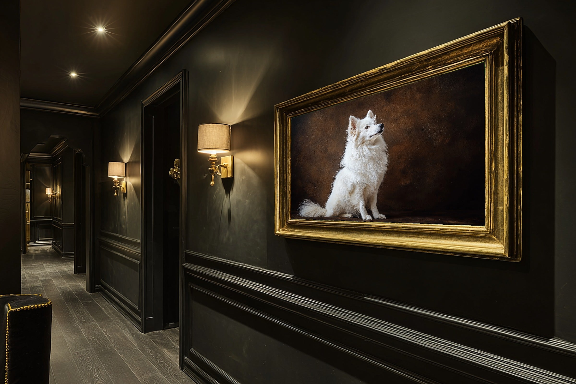 Soulful Painterly Dog Portrait Samoyed Art Print — Tender Decor for the Living Room, Stretched Canvas the Pet Lover in Your Life Will Love — dog-portrait-samoyed-hallway-wall-art.jpg