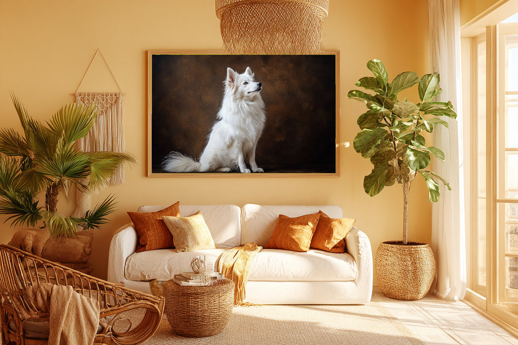 Soulful Painterly Dog Portrait Samoyed Art Print — Tender Decor for the Living Room, Stretched Canvas the Pet Lover in Your Life Will Love — dog-portrait-samoyed-room-5-wall-art.jpg