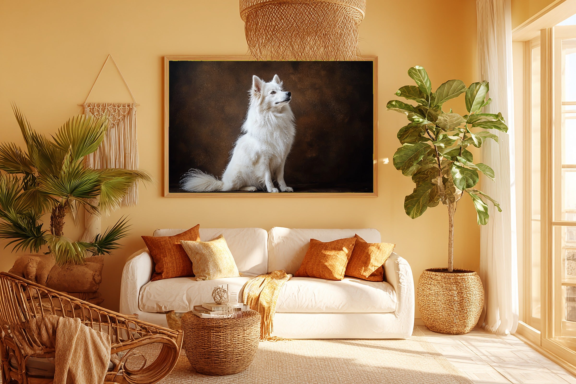 Soulful Painterly Dog Portrait Samoyed Art Print — Tender Decor for the Living Room, Stretched Canvas the Pet Lover in Your Life Will Love — dog-portrait-samoyed-room-5-wall-art.jpg