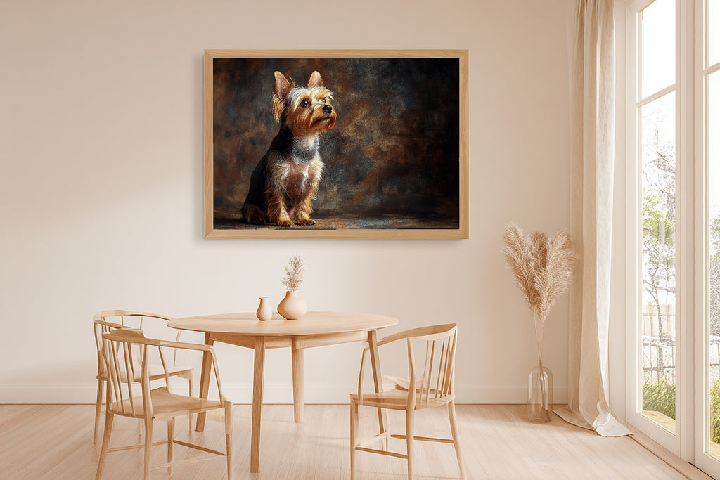 Dog Portrait Yorkshire Terrier Print on Stretched Canvas — Cozy Soulful Painterly for the Living Room, Gift for the Pet Lover in Your Life — dog-portrait-yorkshire-terrier-dining-room-wall-art.jpg