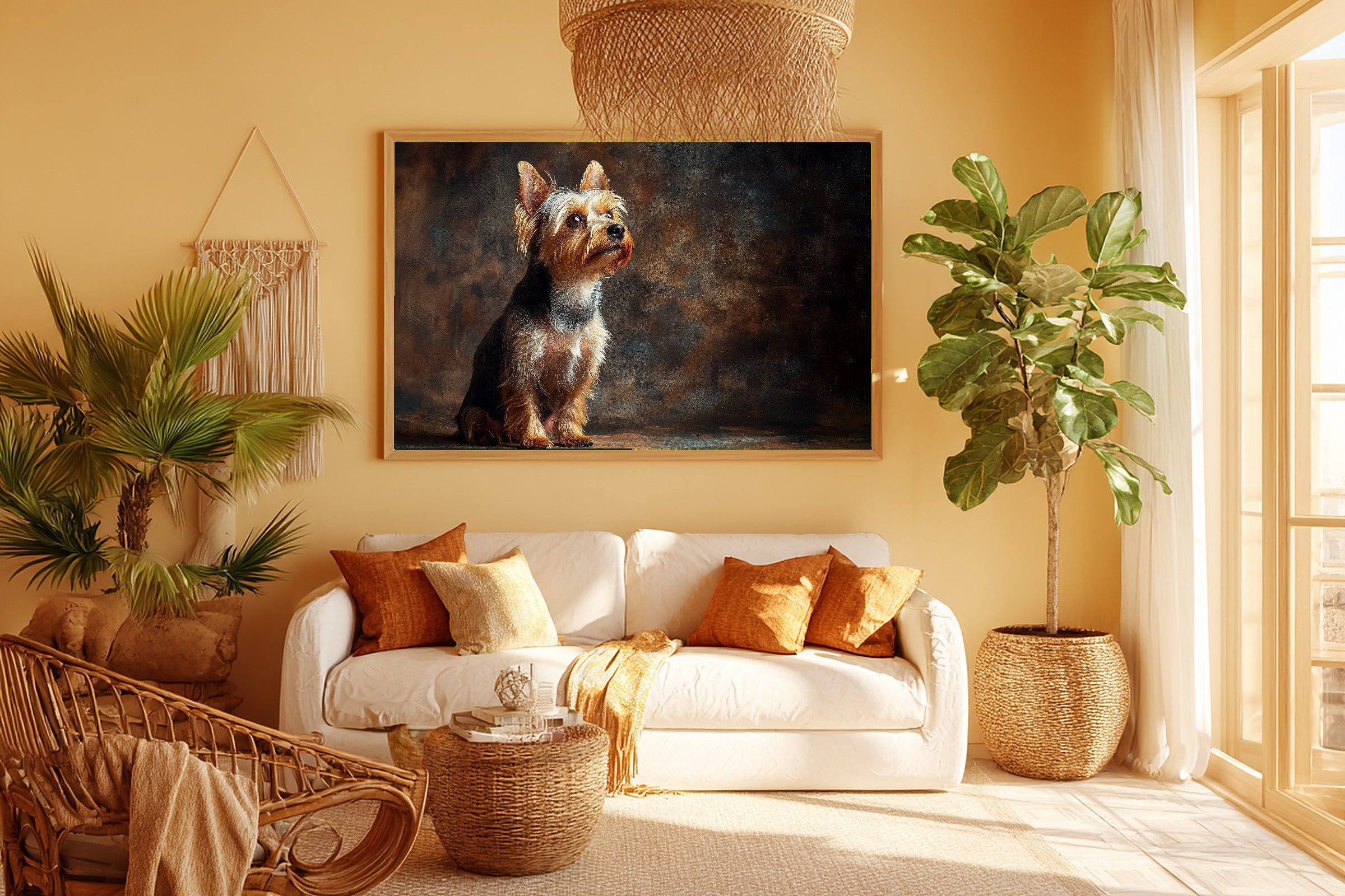 Dog Portrait Yorkshire Terrier Print on Stretched Canvas — Cozy Soulful Painterly for the Living Room, Gift for the Pet Lover in Your Life — dog-portrait-yorkshire-terrier-room-5-wall-art.jpg