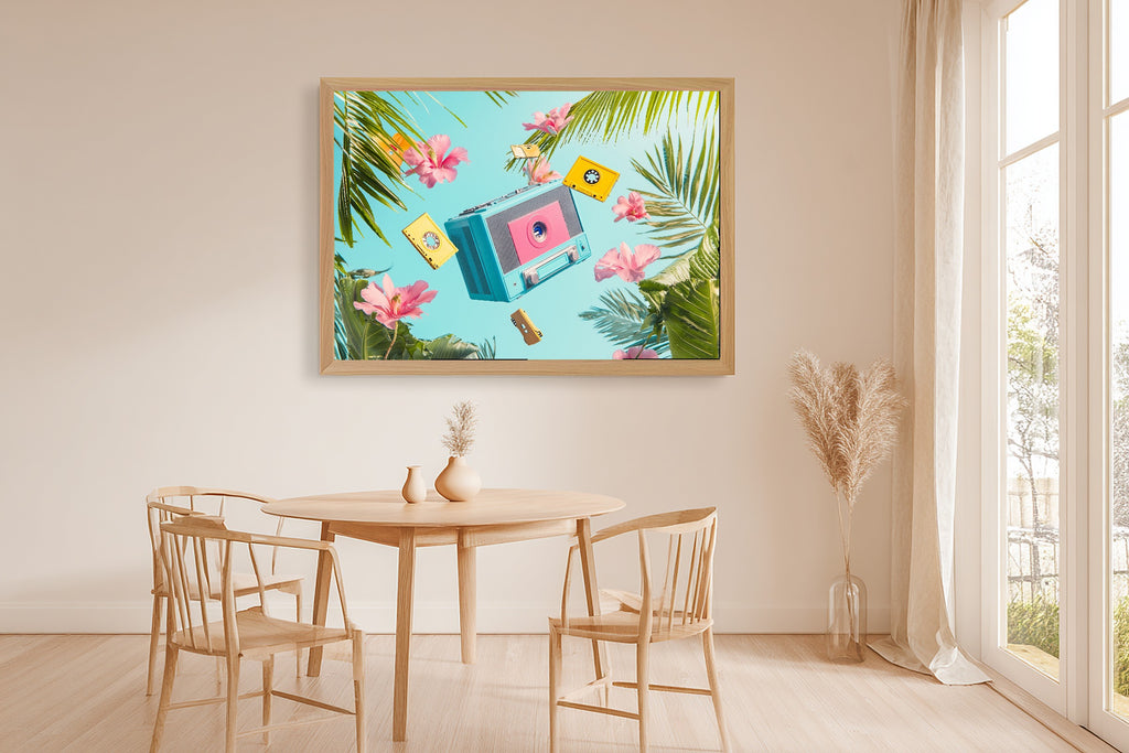 A Dreamy Dopamine Boombox Cassettes Colourful Playful Print — Dreamy Wall Art for the Kitchen, Giclée on Canvas — dopamine-boombox-cassettes-dining-room-wall-art.jpg