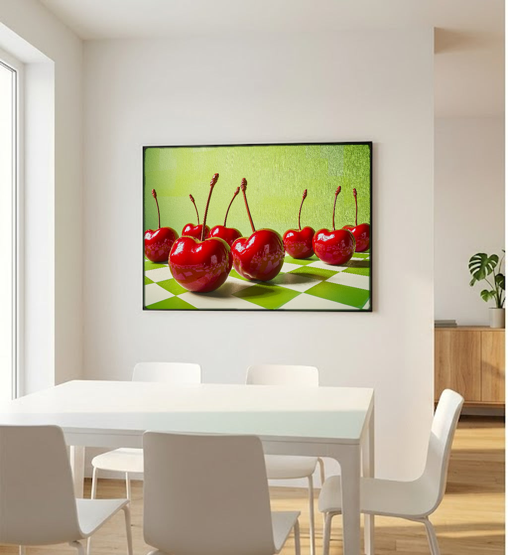 Dopamine Cherries Canvas Wall Art | Checkerboard Maximalist Print, Playful Kitchen Decor, Stretched Canvas — dopamine-checker-cherries-bedroom-wall-art.jpg