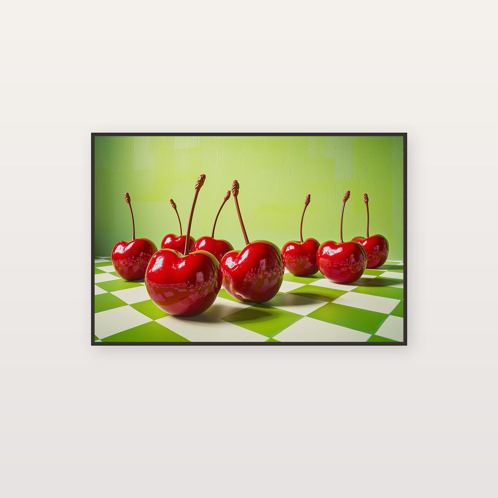 Dopamine Cherries Canvas Wall Art | Checkerboard Maximalist Print, Playful Kitchen Decor, Stretched Canvas — dopamine-checker-cherries-canvas-print.jpg