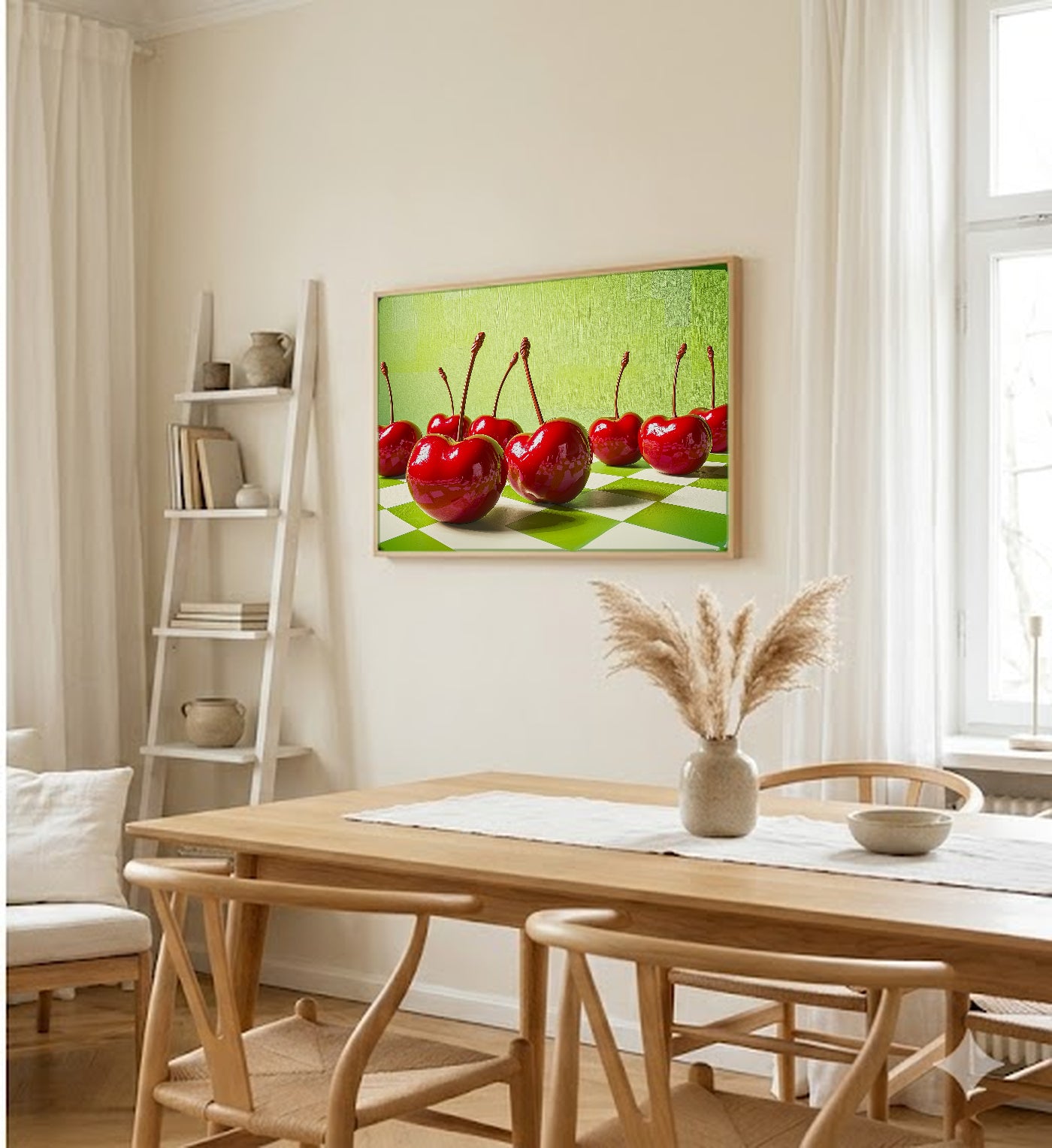 Dopamine Cherries Canvas Wall Art | Checkerboard Maximalist Print, Playful Kitchen Decor, Stretched Canvas — dopamine-checker-cherries-dining-room-wall-art.jpg