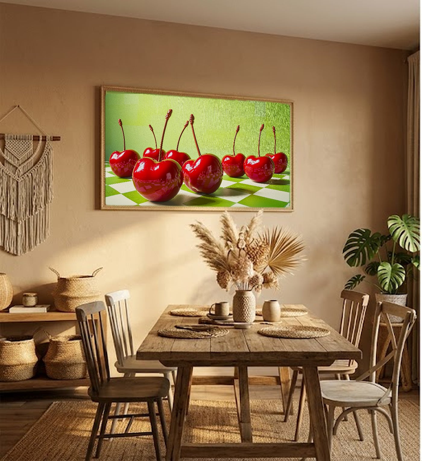 Dopamine Cherries Canvas Wall Art | Checkerboard Maximalist Print, Playful Kitchen Decor, Stretched Canvas — dopamine-checker-cherries-hallway-wall-art.jpg