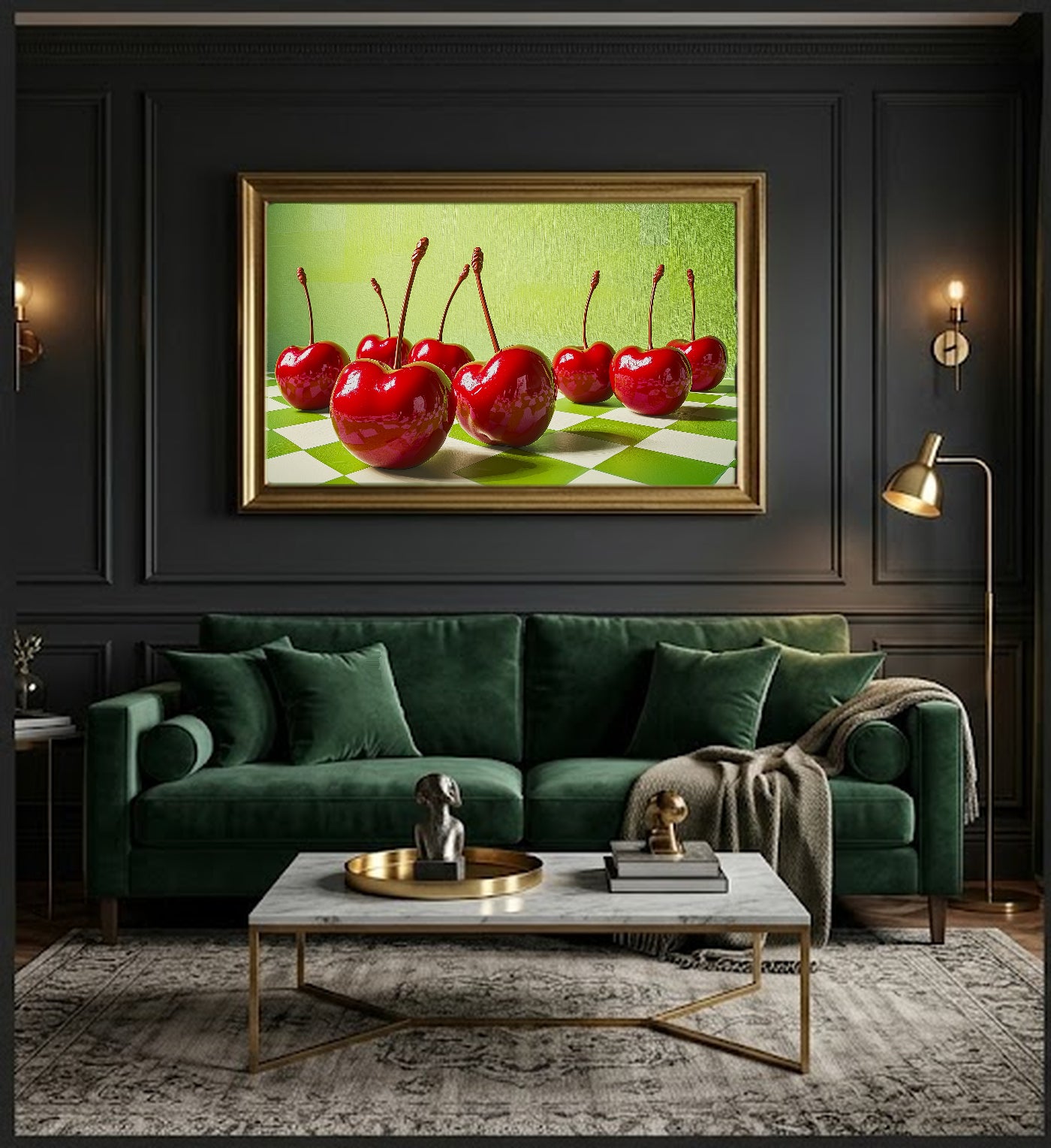Dopamine Cherries Canvas Wall Art | Checkerboard Maximalist Print, Playful Kitchen Decor, Stretched Canvas — dopamine-checker-cherries-office-wall-art.jpg