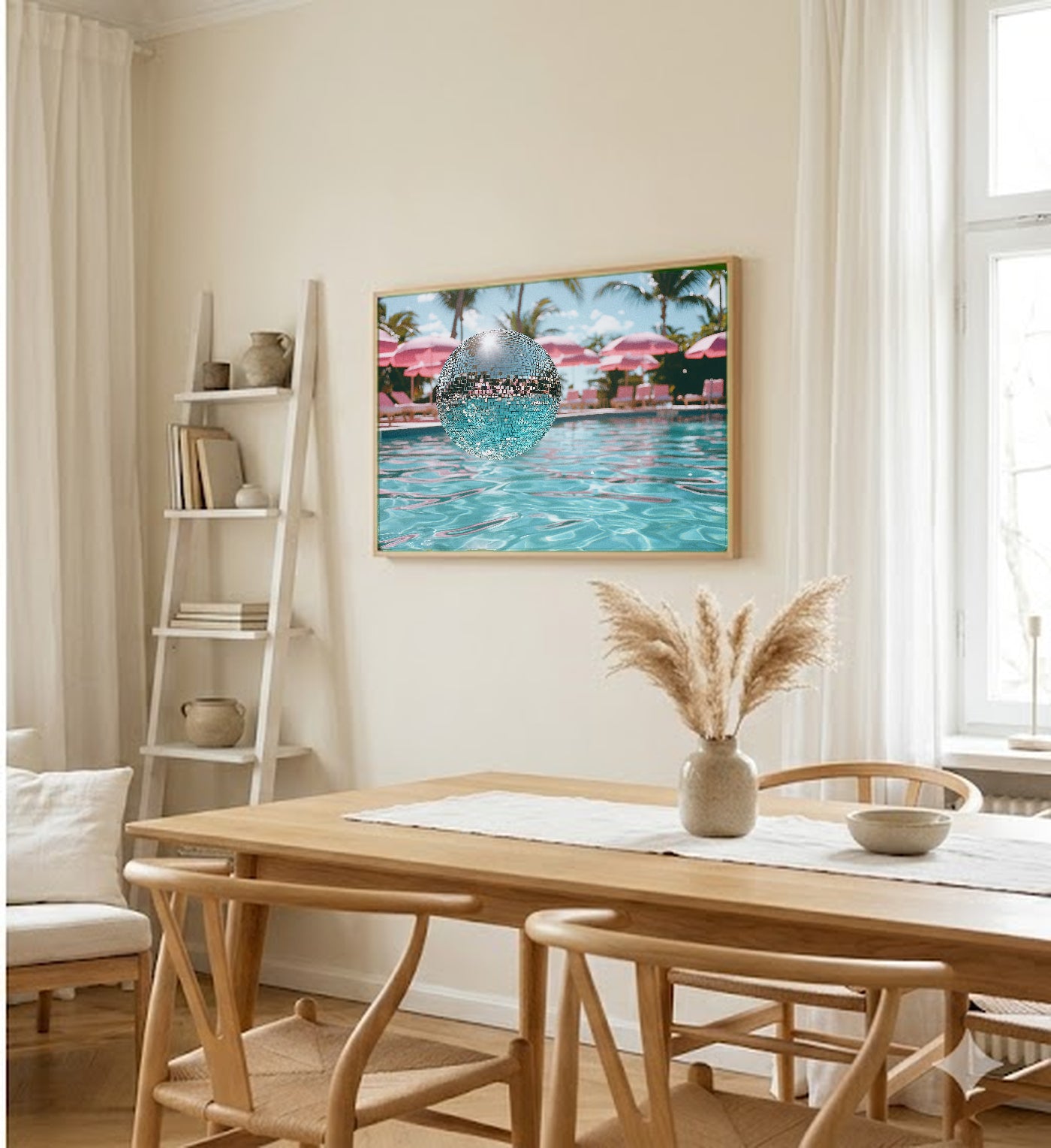 Disco Ball Canvas Wall Art | Dopamine Poolside Print, Playful Glam Decor, Stretched Canvas — dopamine-disco-ball-poolside-dining-room-wall-art.jpg
