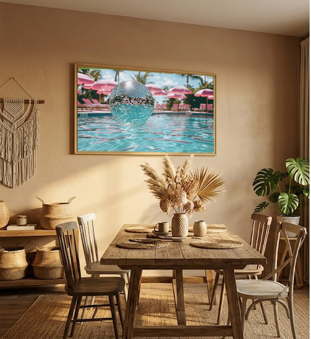 Disco Ball Canvas Wall Art | Dopamine Poolside Print, Playful Glam Decor, Stretched Canvas — dopamine-disco-ball-poolside-hallway-wall-art.jpg