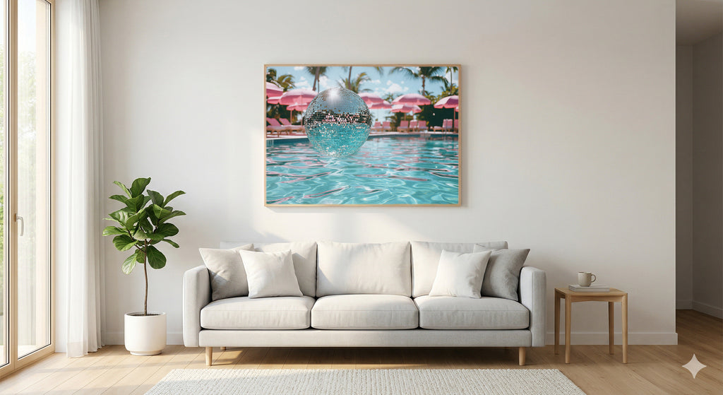 Disco Ball Canvas Wall Art | Dopamine Poolside Print, Playful Glam Decor, Stretched Canvas — dopamine-disco-ball-poolside-living-room-wall-art.jpg