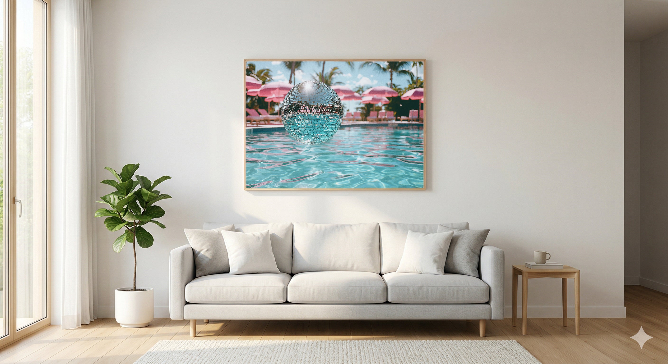 Disco Ball Canvas Wall Art | Dopamine Poolside Print, Playful Glam Decor, Stretched Canvas — dopamine-disco-ball-poolside-living-room-wall-art.jpg