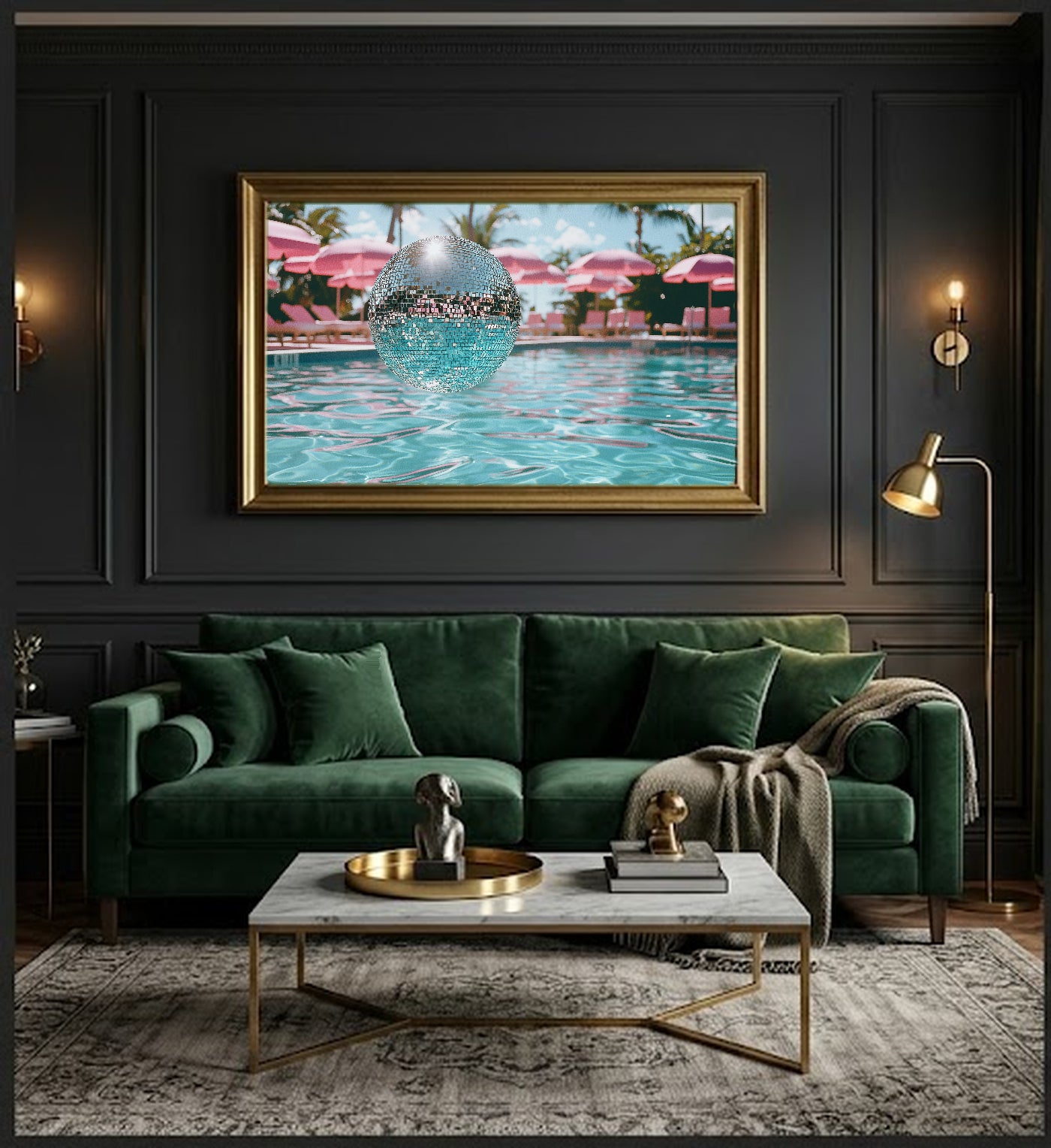 Disco Ball Canvas Wall Art | Dopamine Poolside Print, Playful Glam Decor, Stretched Canvas — dopamine-disco-ball-poolside-office-wall-art.jpg