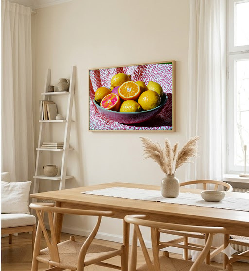 Dopamine Fruit Bowl Canvas Wall Art | Maximalist Still Life Print, Kitchen Decor, Stretched Canvas — dopamine-fruit-bowl-dining-room-wall-art.jpg