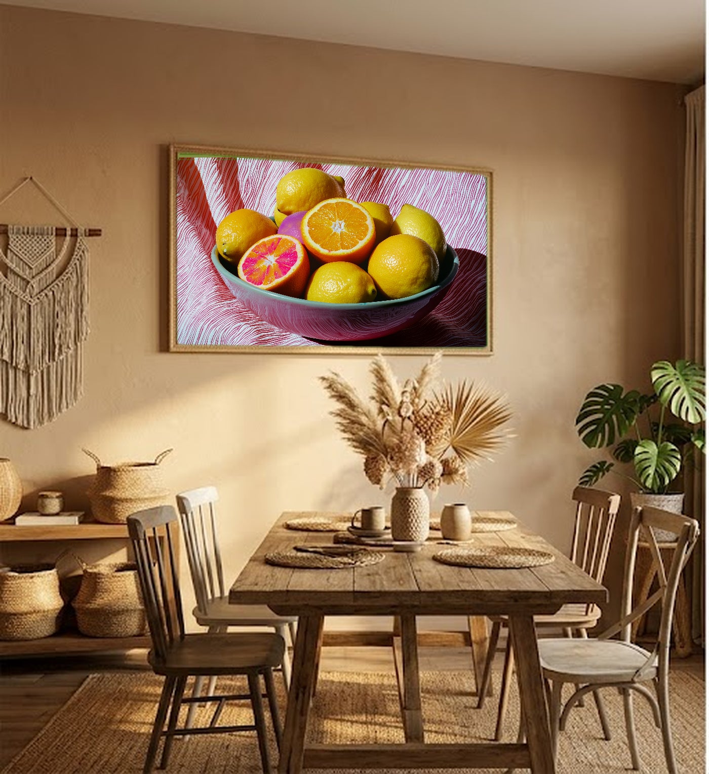 Dopamine Fruit Bowl Canvas Wall Art | Maximalist Still Life Print, Kitchen Decor, Stretched Canvas — dopamine-fruit-bowl-hallway-wall-art.jpg