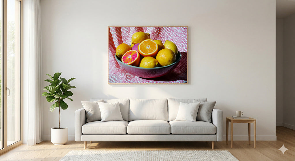 Dopamine Fruit Bowl Canvas Wall Art | Maximalist Still Life Print, Kitchen Decor, Stretched Canvas — dopamine-fruit-bowl-living-room-wall-art.jpg