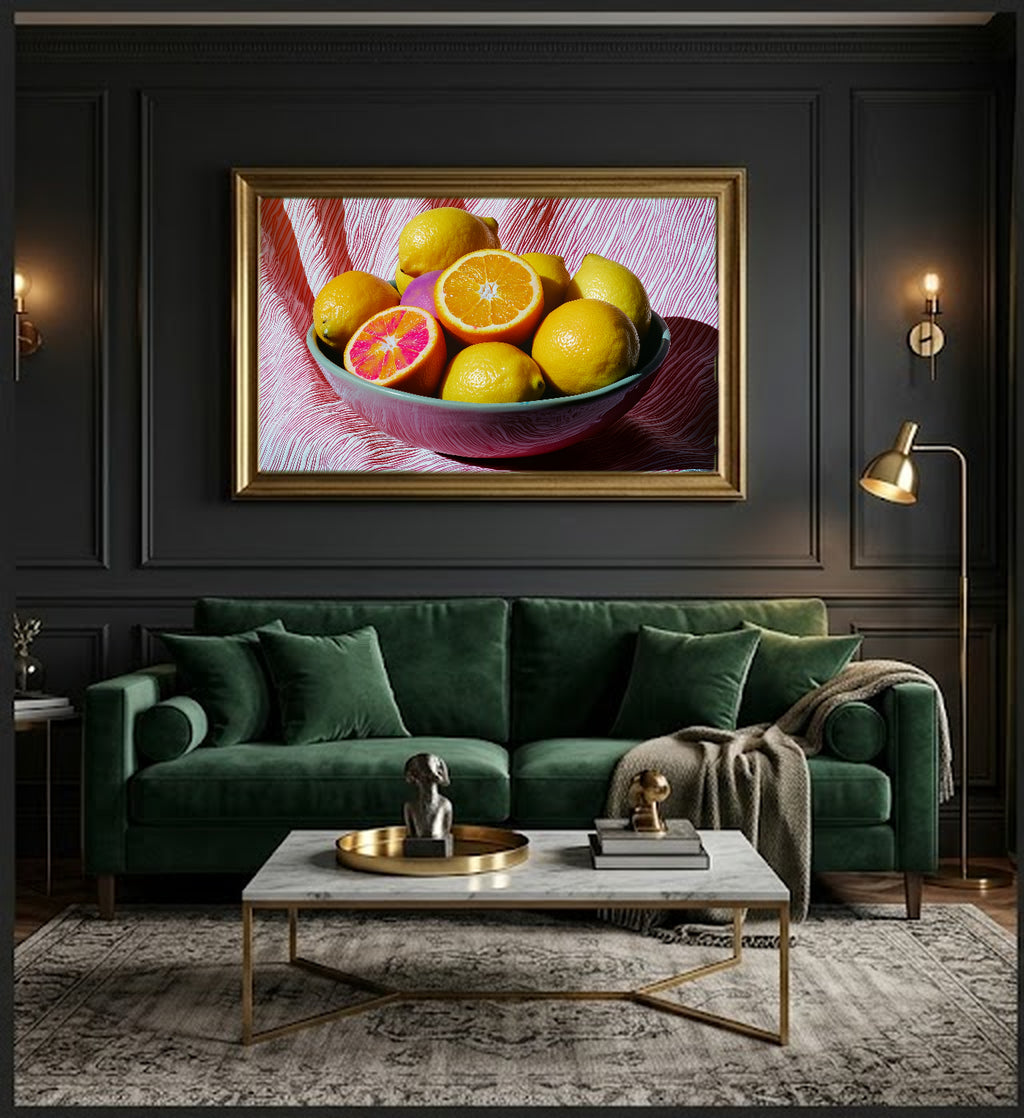 Dopamine Fruit Bowl Canvas Wall Art | Maximalist Still Life Print, Kitchen Decor, Stretched Canvas — dopamine-fruit-bowl-office-wall-art.jpg