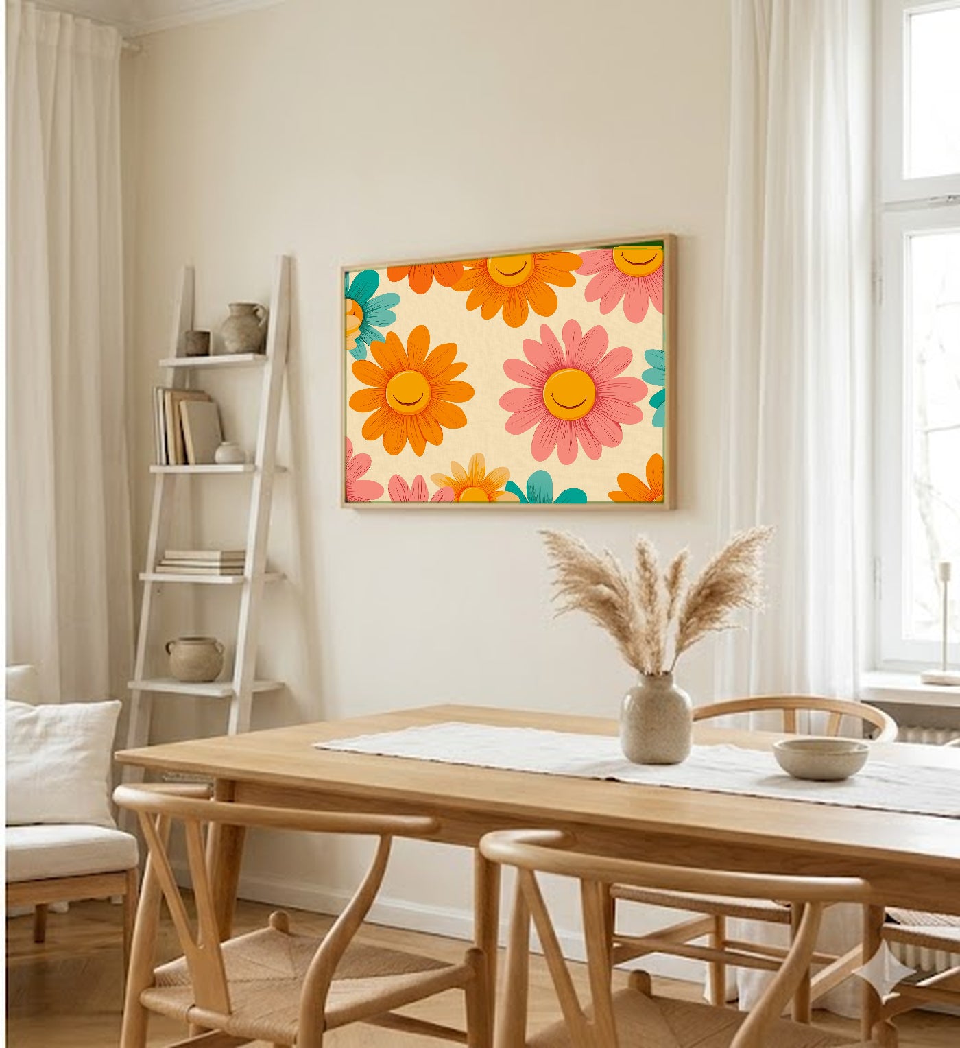 Groovy Flower Canvas Wall Art | Dopamine 70s Daisy Print, Maximalist Decor, Stretched Canvas — dopamine-groovy-flowers-dining-room-wall-art.jpg