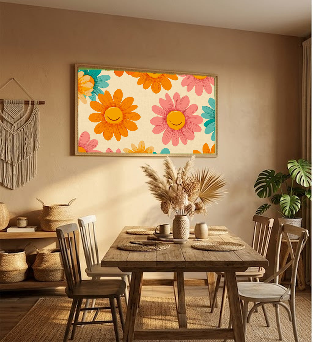 Groovy Flower Canvas Wall Art | Dopamine 70s Daisy Print, Maximalist Decor, Stretched Canvas — dopamine-groovy-flowers-hallway-wall-art.jpg