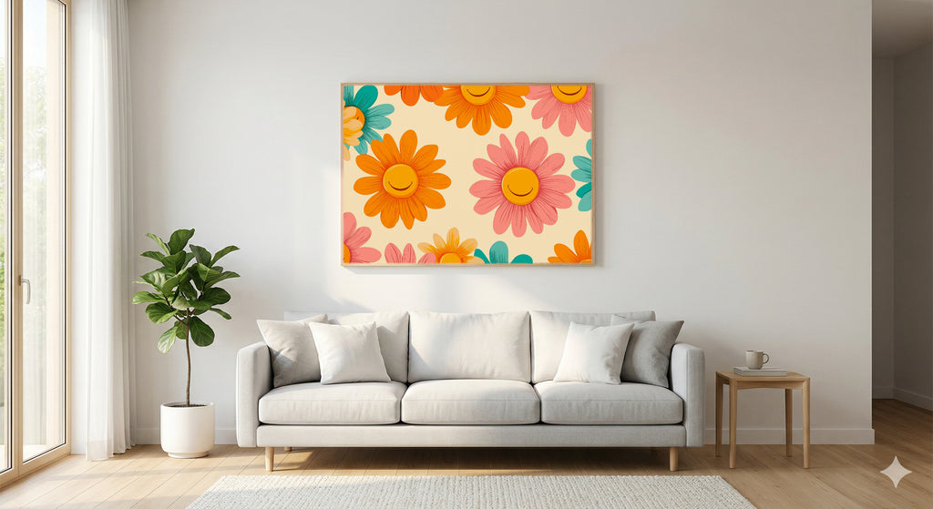 Groovy Flower Canvas Wall Art | Dopamine 70s Daisy Print, Maximalist Decor, Stretched Canvas — dopamine-groovy-flowers-living-room-wall-art.jpg