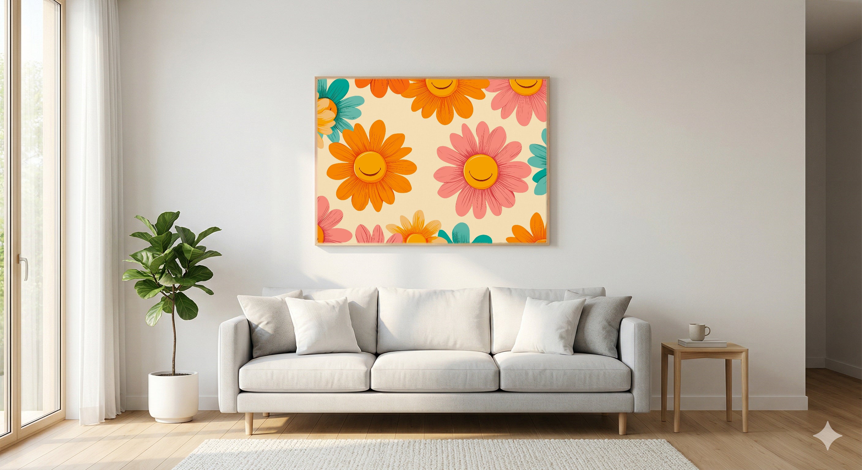 Groovy Flower Canvas Wall Art | Dopamine 70s Daisy Print, Maximalist Decor, Stretched Canvas — dopamine-groovy-flowers-living-room-wall-art.jpg