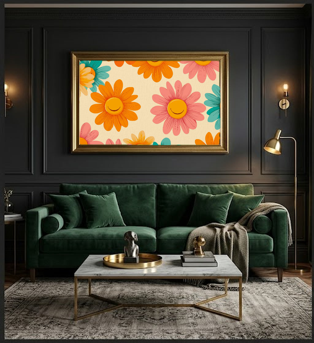 Groovy Flower Canvas Wall Art | Dopamine 70s Daisy Print, Maximalist Decor, Stretched Canvas — dopamine-groovy-flowers-office-wall-art.jpg