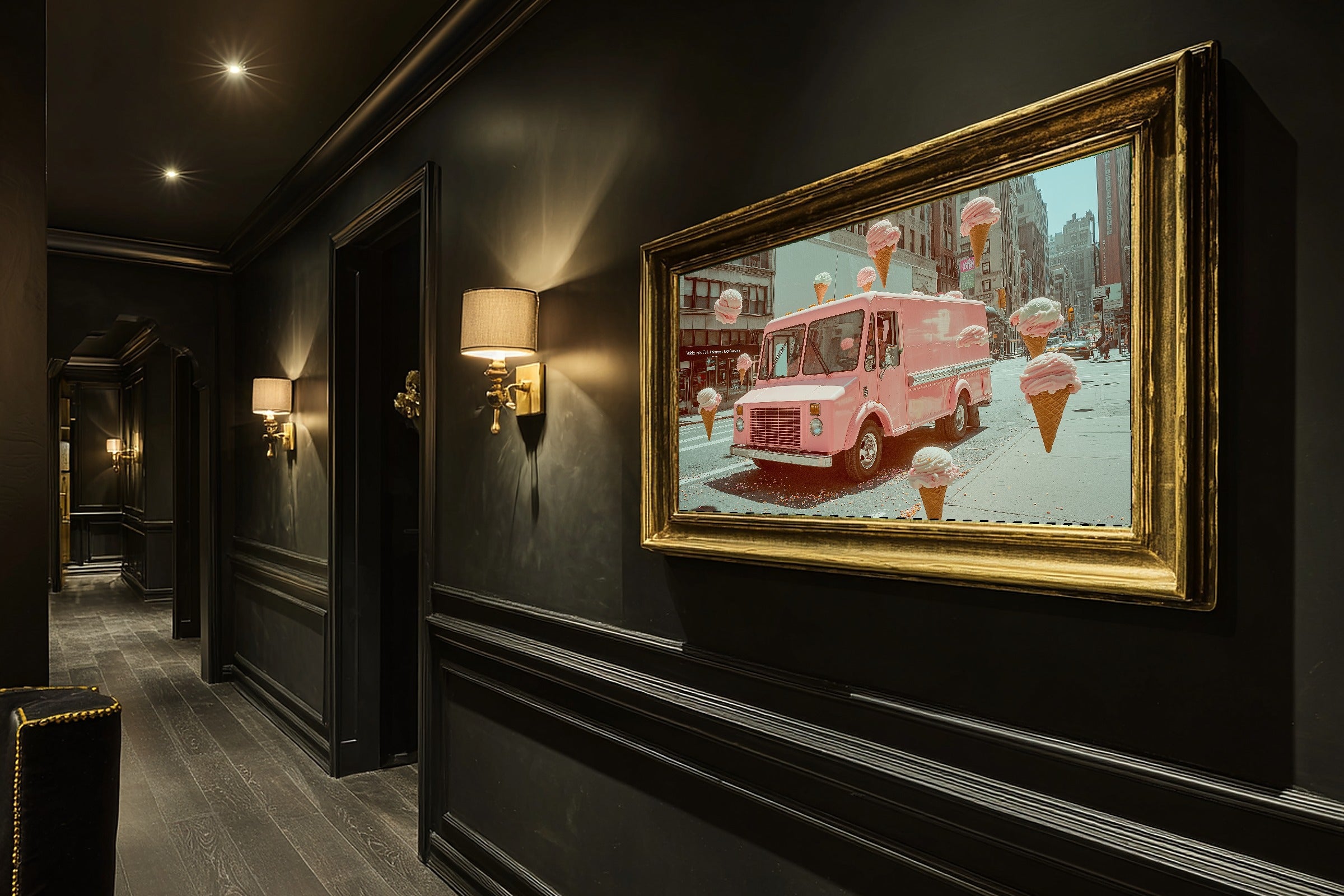 A Dreamy Dopamine Ice Cream Truck Maximalist Retro Print — Dreamy Wall Art for the Kitchen, Giclée on Canvas — dopamine-ice-cream-truck-hallway-wall-art.jpg