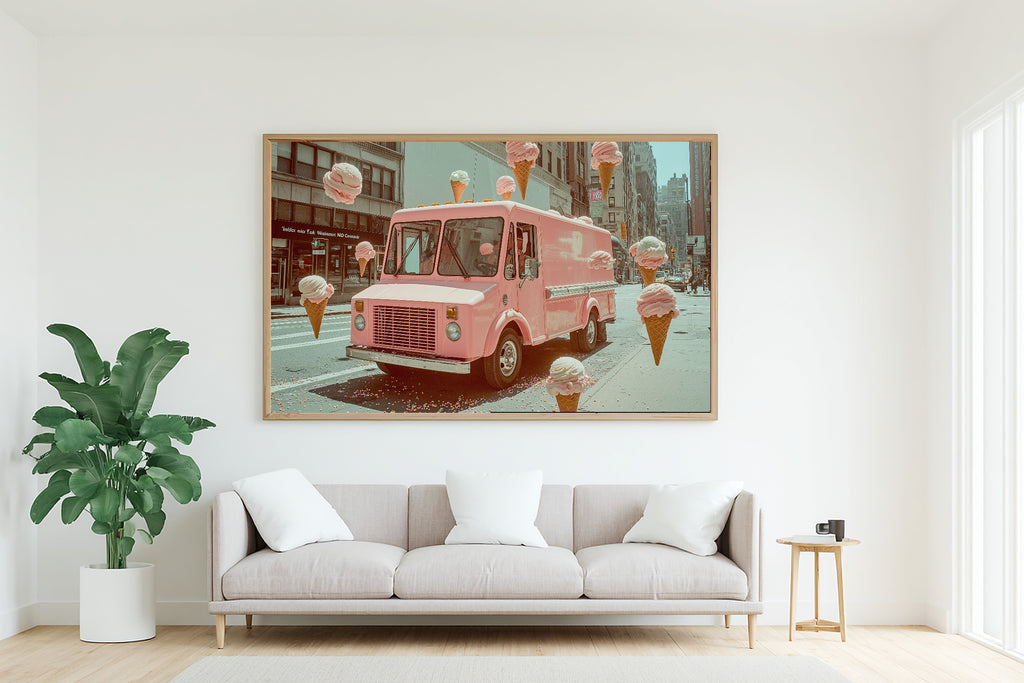 A Dreamy Dopamine Ice Cream Truck Maximalist Retro Print — Dreamy Wall Art for the Kitchen, Giclée on Canvas — dopamine-ice-cream-truck-living-room-wall-art.jpg