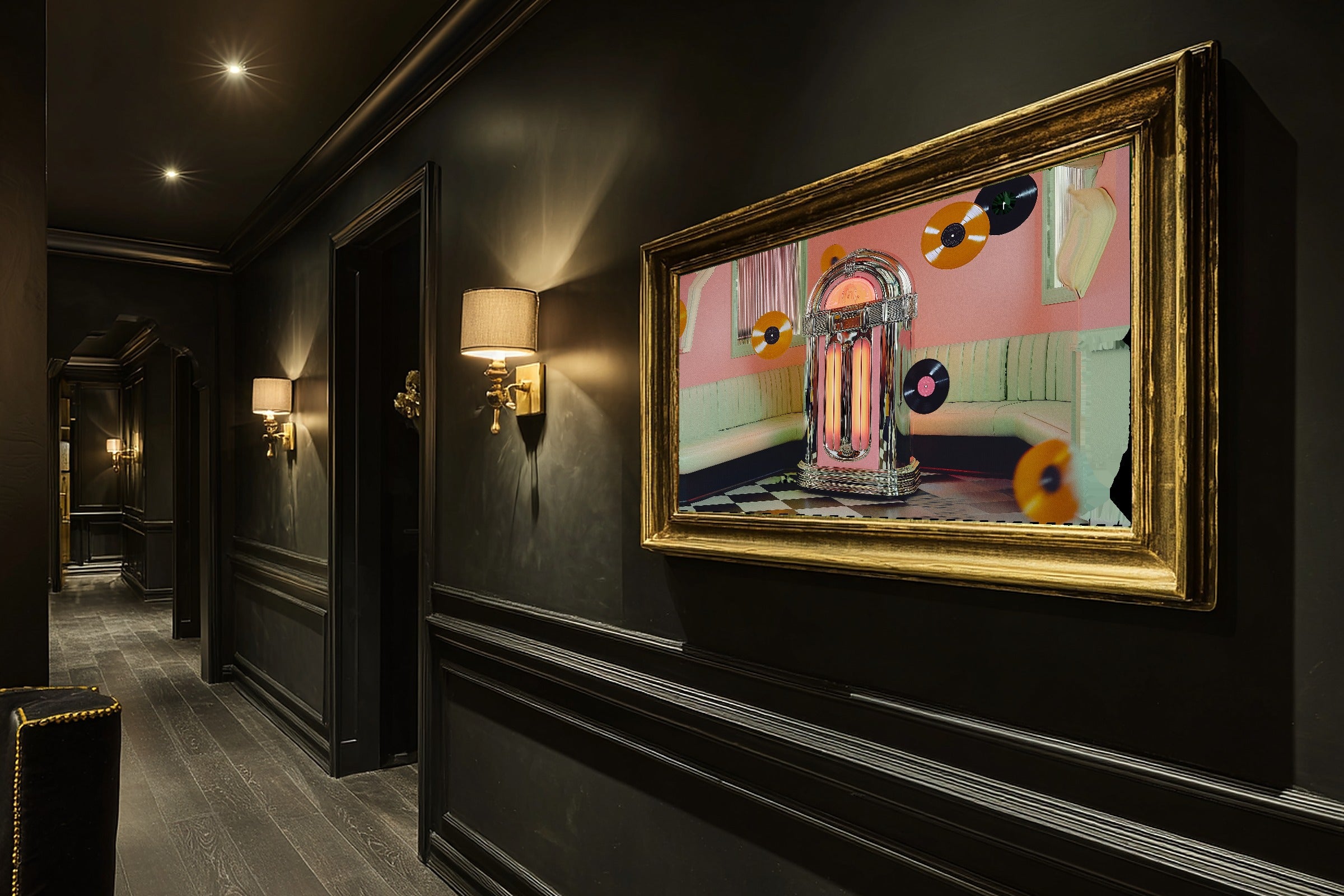 A Dreamy Dopamine Jukebox Diner Colourful Playful Print — Heartfelt Wall Art for the Kitchen, Giclée on Canvas — dopamine-jukebox-diner-hallway-wall-art.jpg