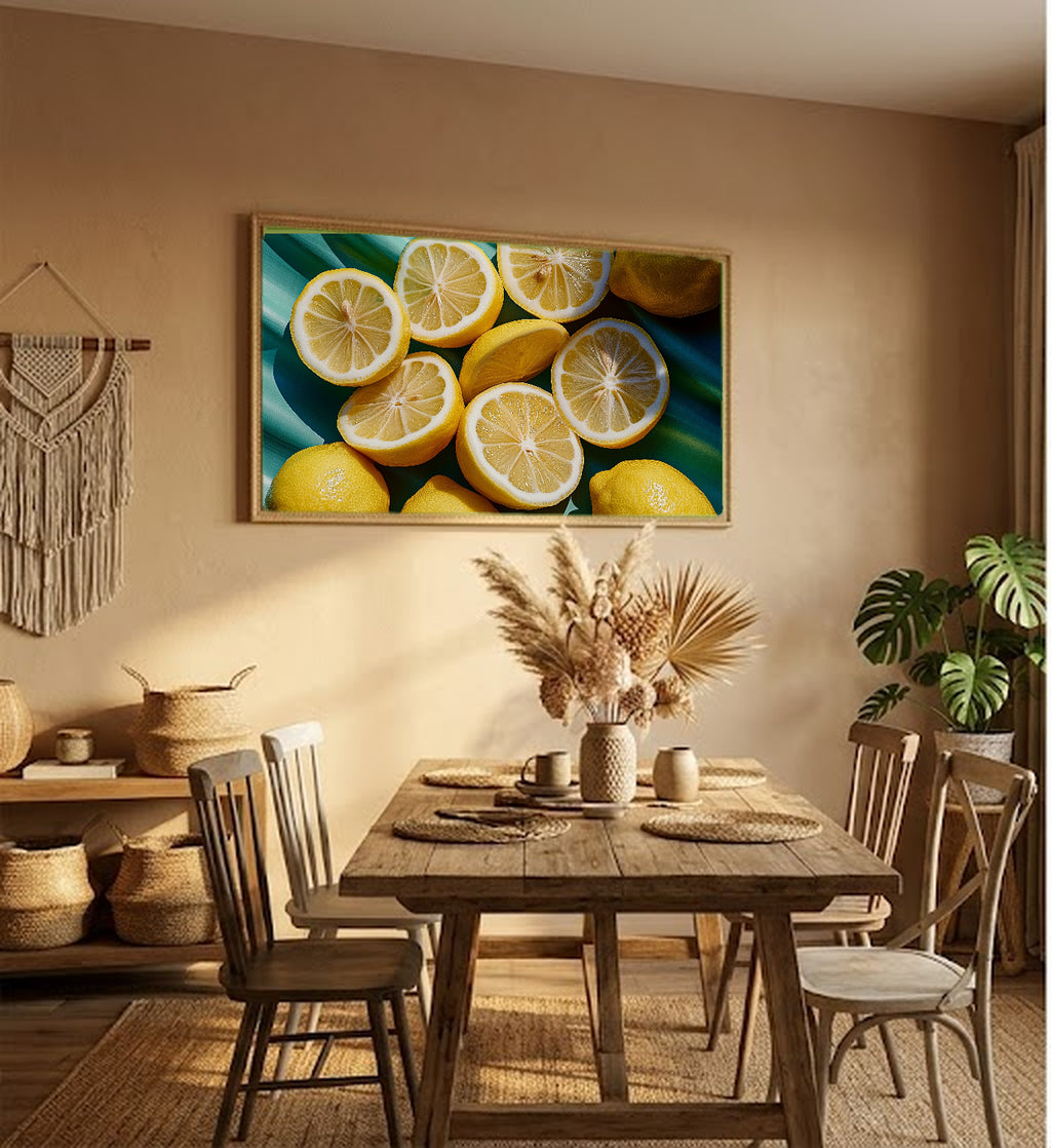 Lemon Squeeze Canvas Wall Art | Dopamine Citrus Print, Maximalist Kitchen Decor, Stretched Canvas — dopamine-lemon-squeeze-hallway-wall-art.jpg