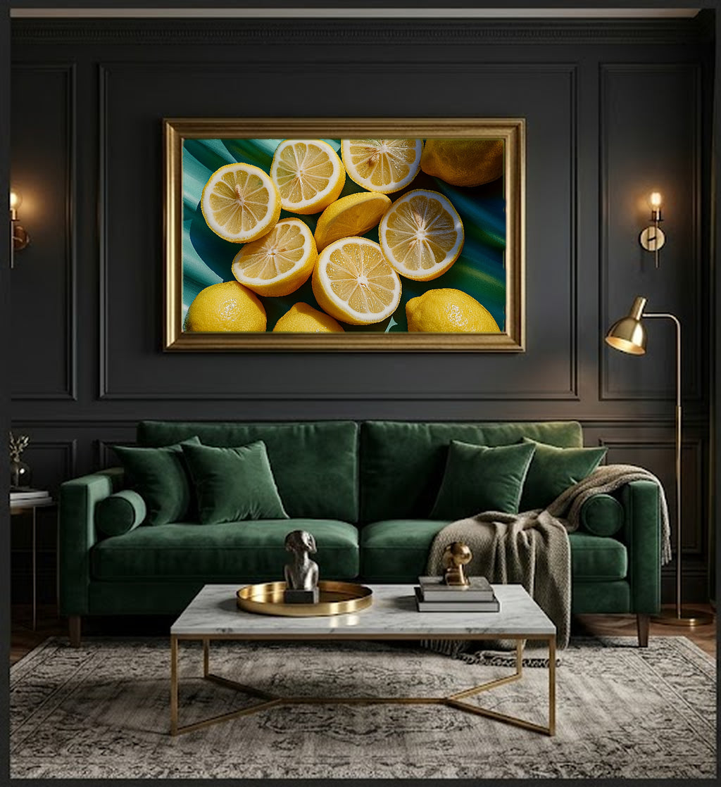 Lemon Squeeze Canvas Wall Art | Dopamine Citrus Print, Maximalist Kitchen Decor, Stretched Canvas — dopamine-lemon-squeeze-office-wall-art.jpg