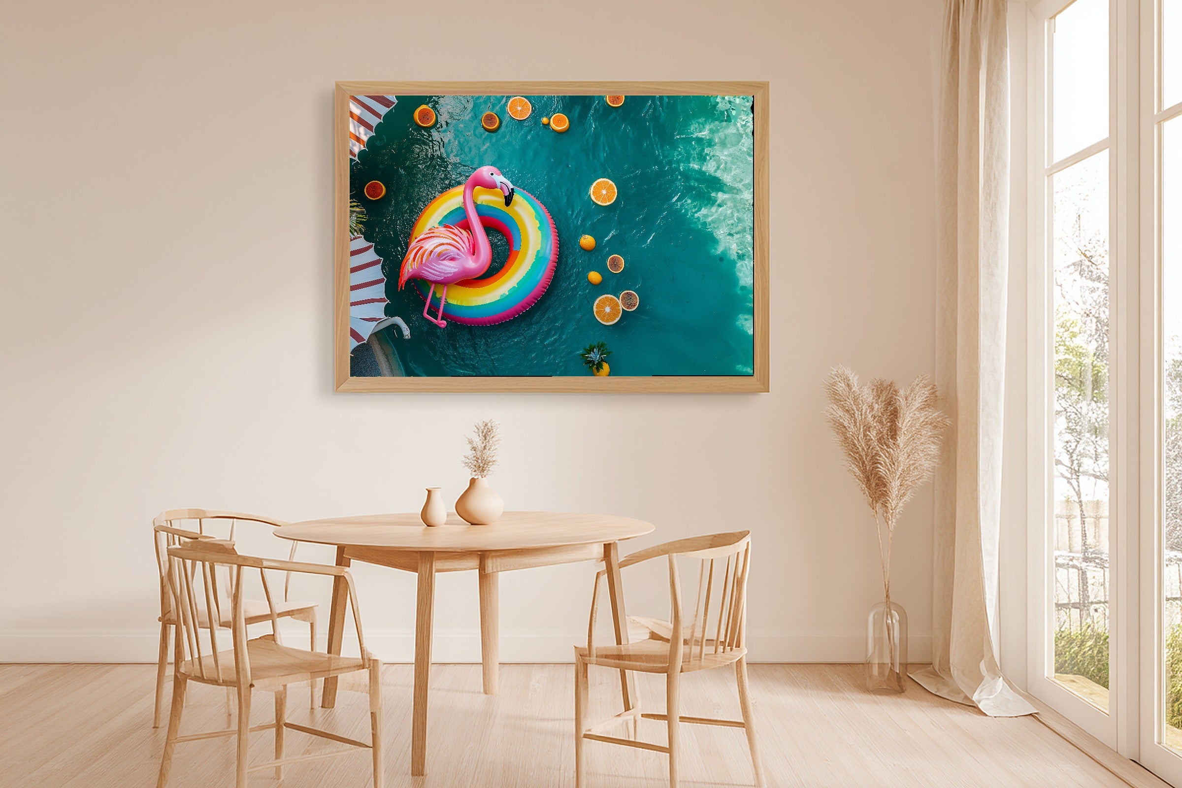 Bold Dopamine Pool Float Sunset — Maximalist Retro Wall Art, Warm Kitchen Decor, Stretched Canvas, Ready to Hang — dopamine-pool-float-sunset-dining-room-wall-art.jpg