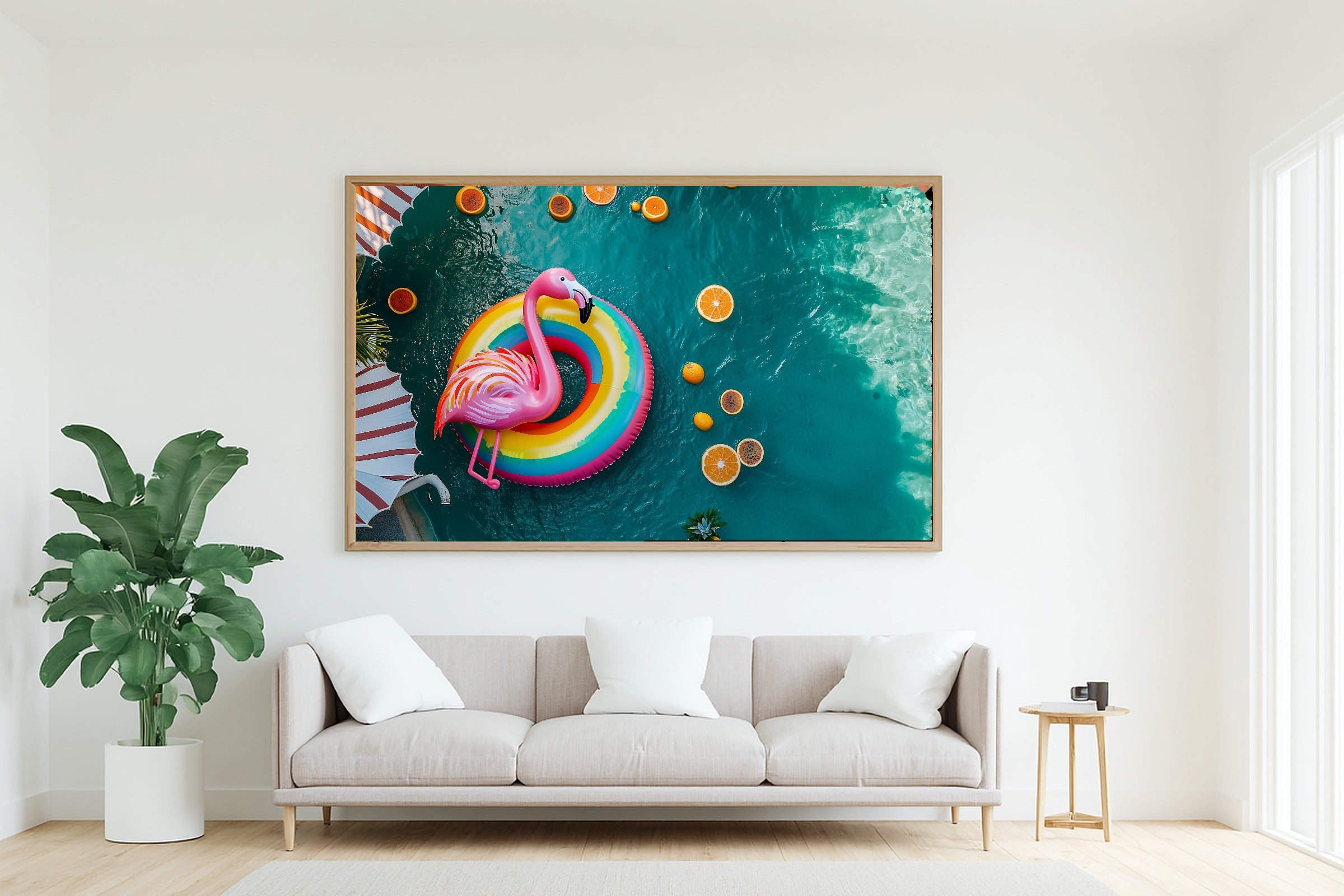 Bold Dopamine Pool Float Sunset — Maximalist Retro Wall Art, Warm Kitchen Decor, Stretched Canvas, Ready to Hang — dopamine-pool-float-sunset-living-room-wall-art.jpg