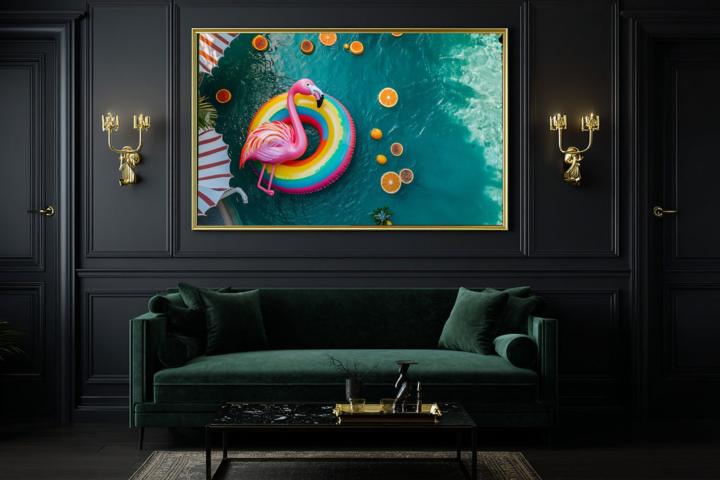 Bold Dopamine Pool Float Sunset — Maximalist Retro Wall Art, Warm Kitchen Decor, Stretched Canvas, Ready to Hang — dopamine-pool-float-sunset-office-wall-art.jpg